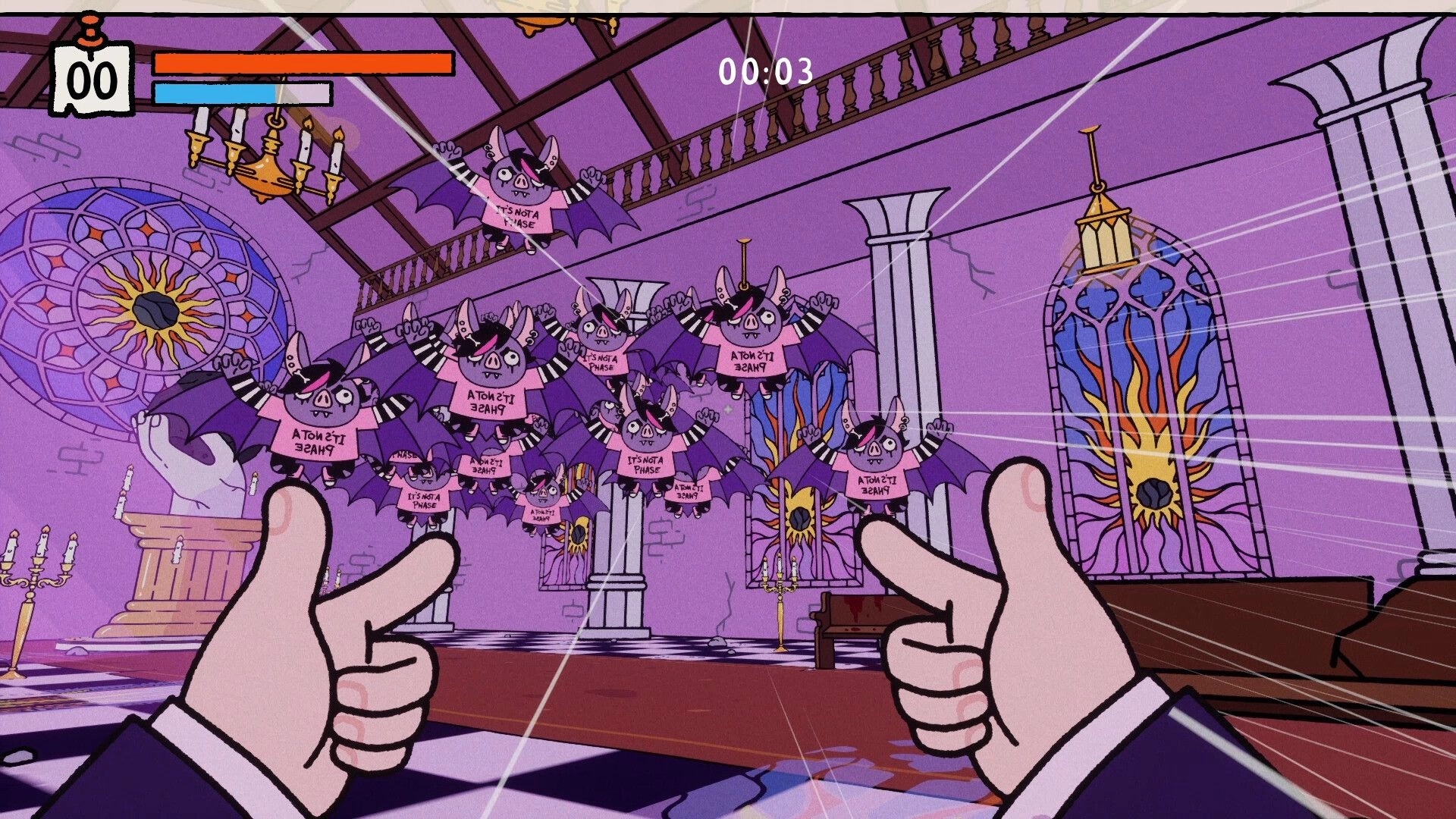 PSYCHOFINGER: Finger-gun aiming at a swarm of bats with timer and health bars in a purple church hall.
