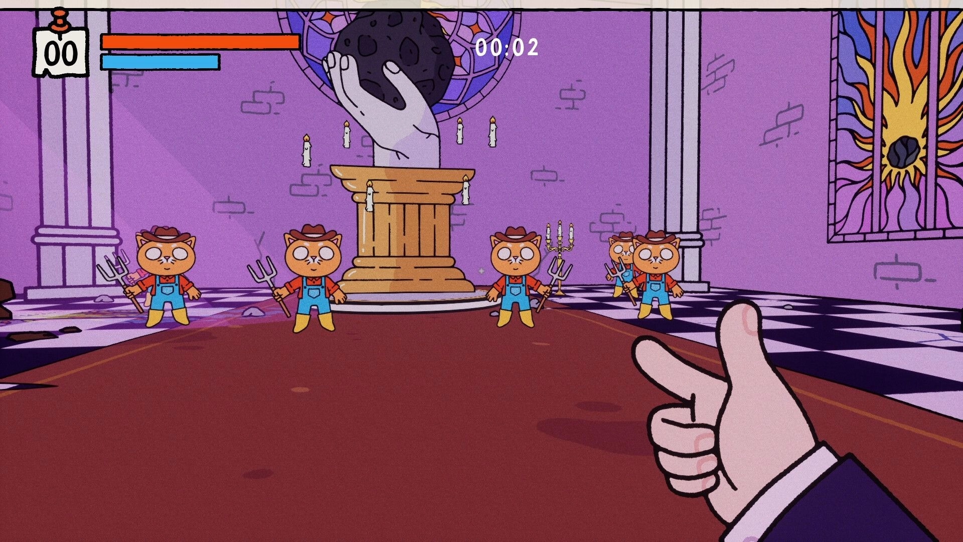 PSYCHOFINGER: Finger-gun aiming at pitchfork cats in a purple chapel with altar hand statue and HUD.