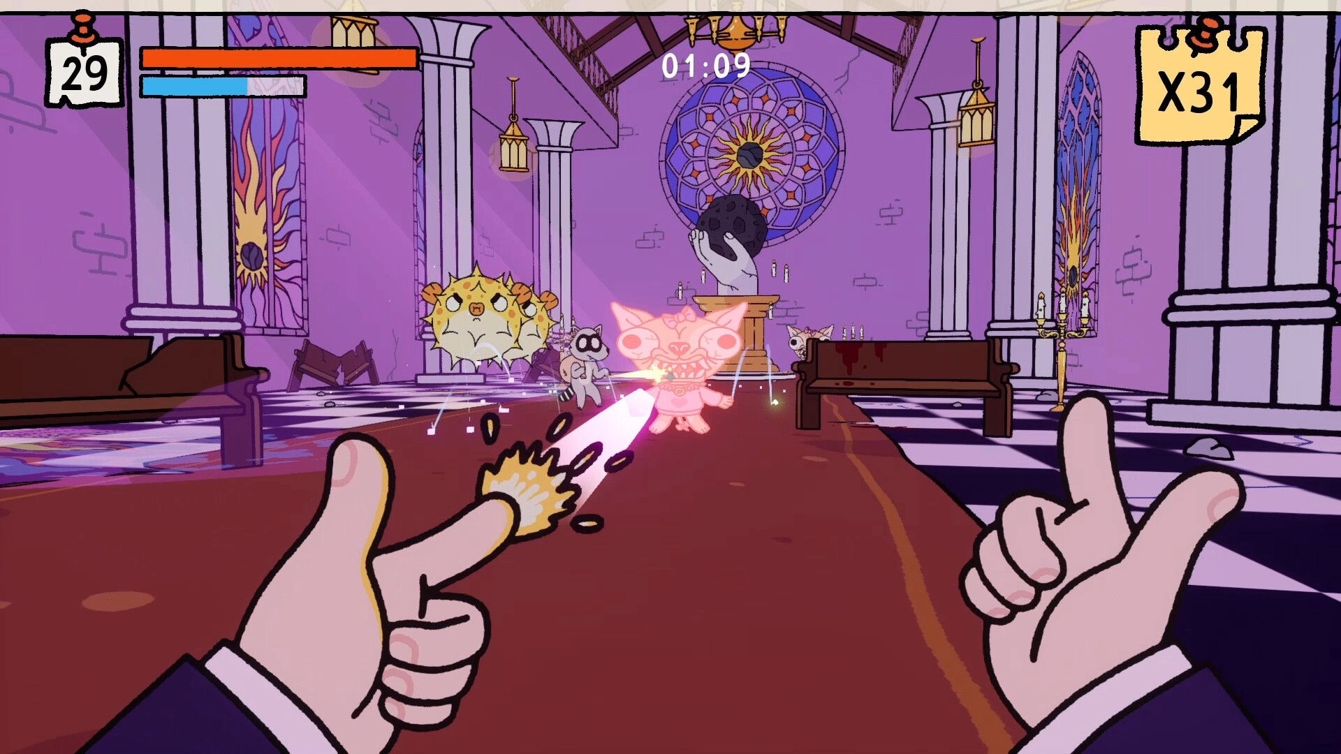 PSYCHOFINGER: Finger-gun firing at cartoon enemies in a purple cathedral hall with timer and x31 combo UI.