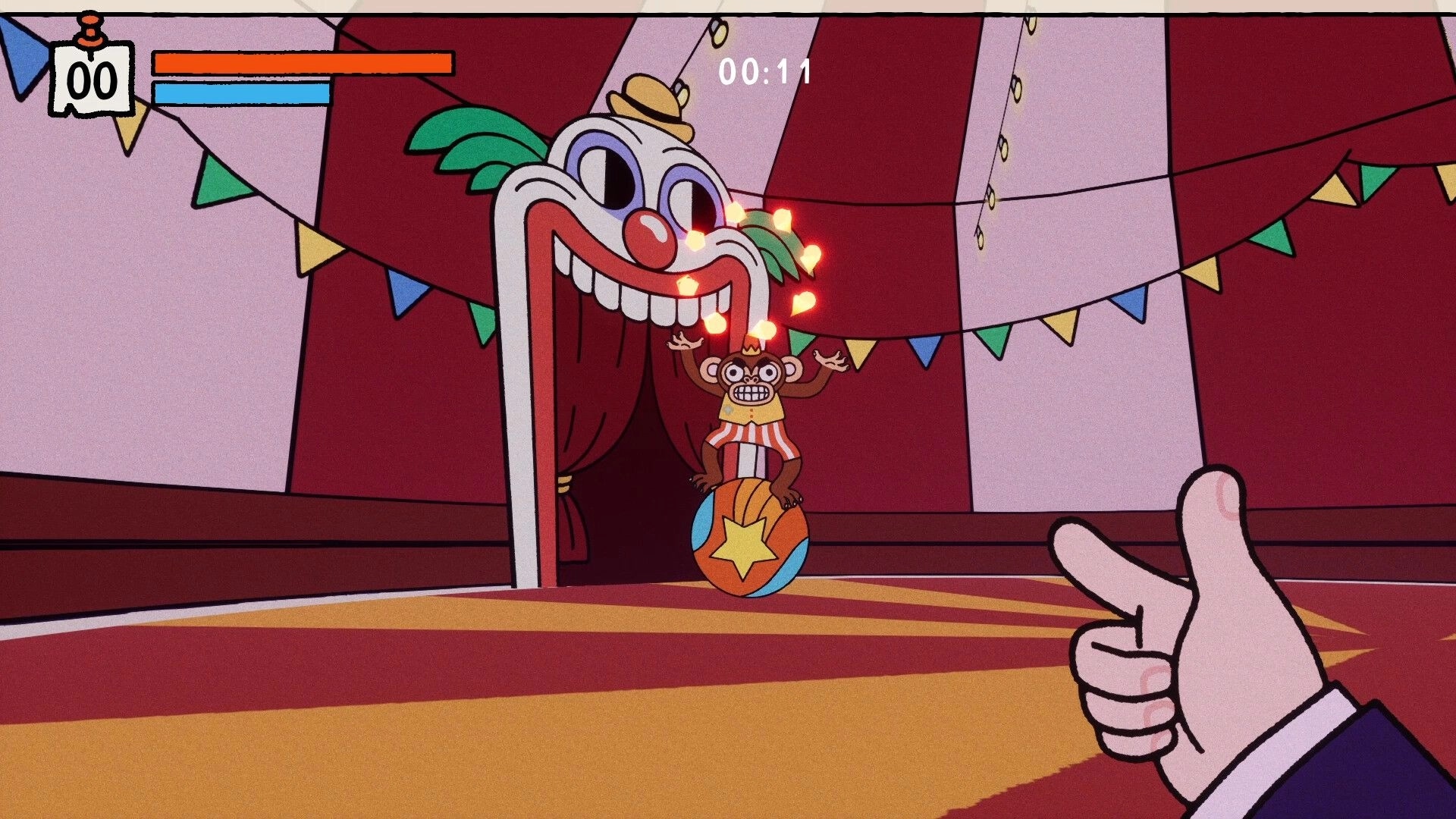PSYCHOFINGER: Pointing hand aims at a circus monkey juggling fire in a striped big-top tent interior.