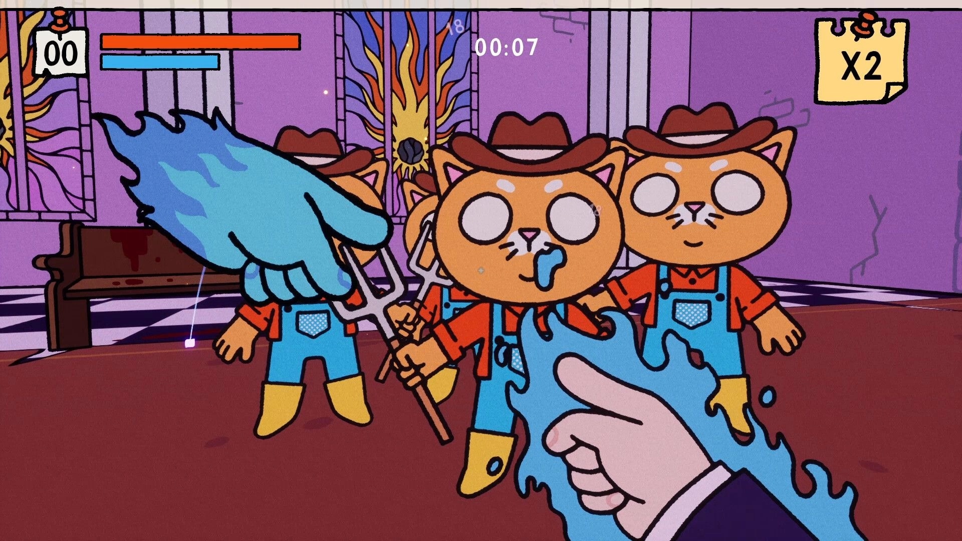 PSYCHOFINGER: Pointing hand attacks cowboy cats with pitchforks in purple hall, timer and x2 UI.