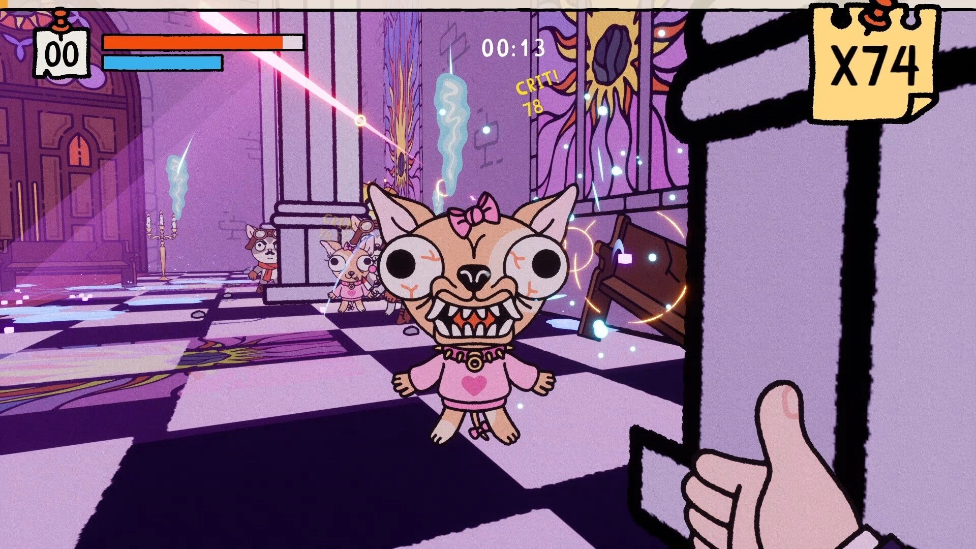PSYCHOFINGER: First-person finger blasts a big-eyed dog enemy in purple cathedral hall with HUD x74 timer.