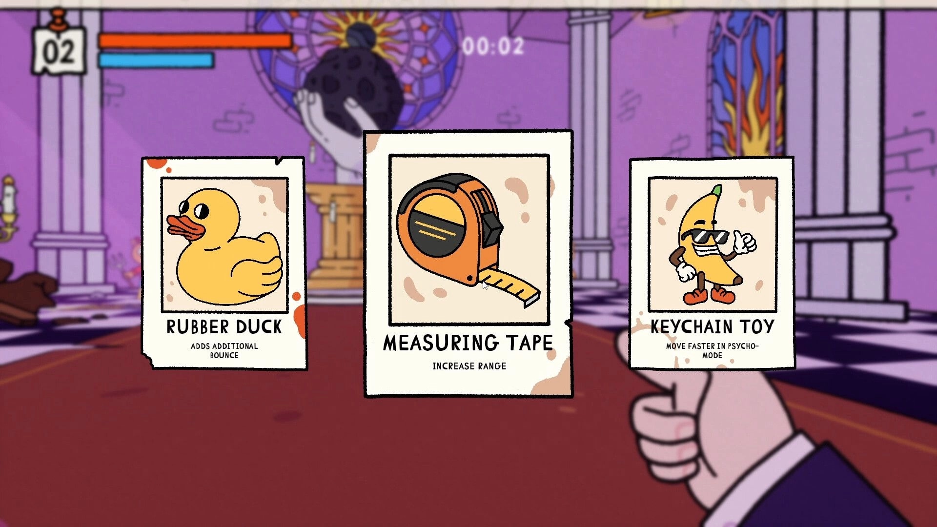 PSYCHOFINGER: Upgrade choice cards for Rubber Duck, Measuring Tape, Keychain Toy in purple hall.