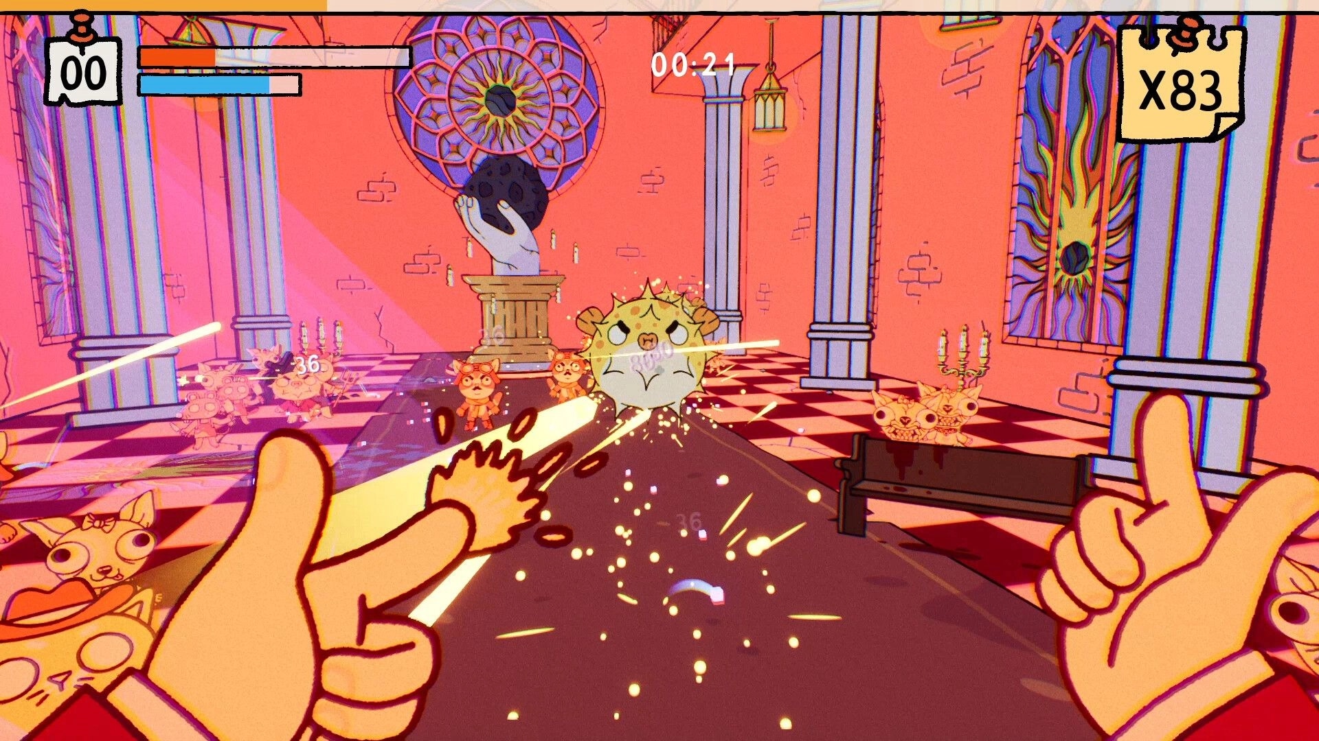 PSYCHOFINGER: Finger-gun shooting spiky orb enemy, timer and x83 counter in pink church hall.