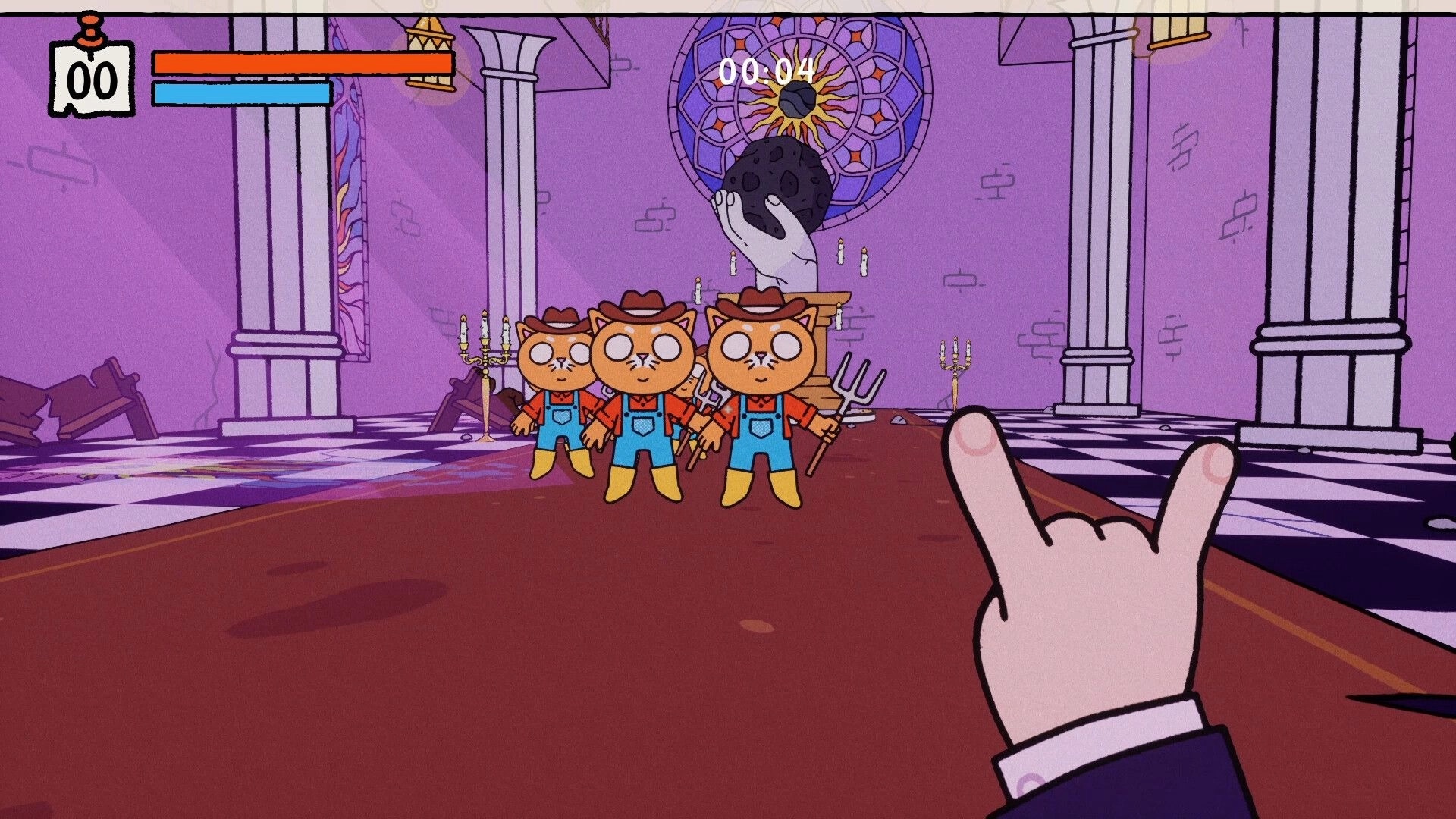 PSYCHOFINGER: First-person finger aim at three cat enemies in a purple cathedral with HUD bars.