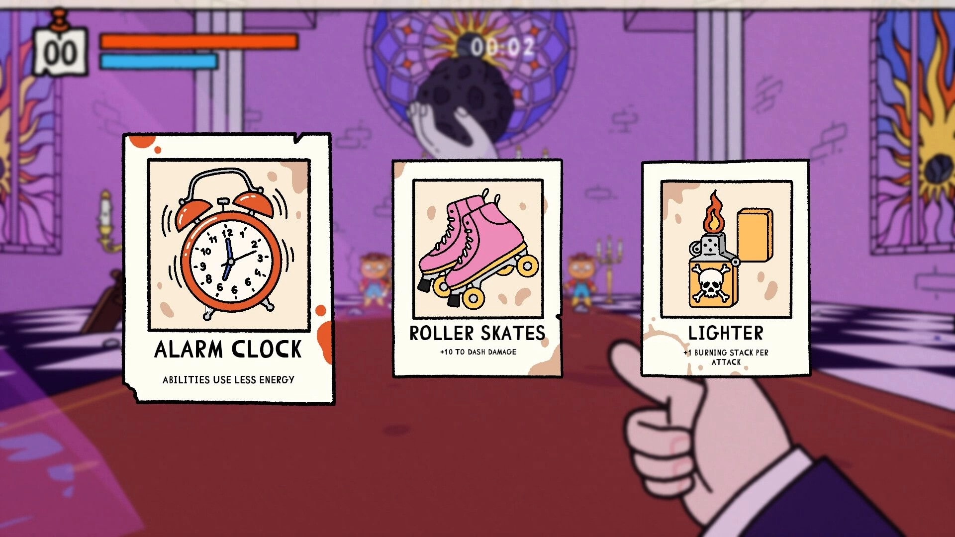 PSYCHOFINGER: Upgrade choice cards for Alarm Clock, Roller Skates, and Lighter in purple hall.