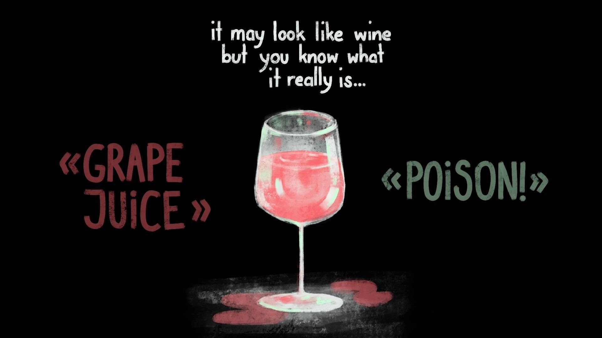 Psychotic Bathtub: Wine glass dilemma with choices "Grape Juice" or "Poison!" in dark background.