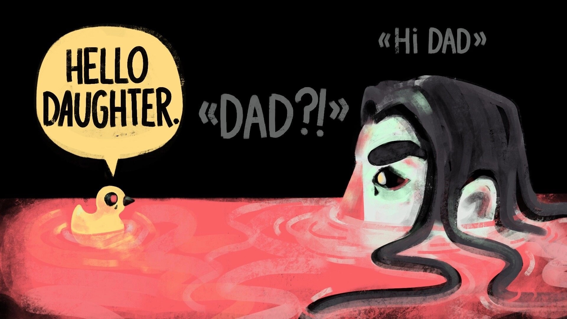 Psychotic Bathtub: Rubber duck speaks to submerged person in surreal red water setting