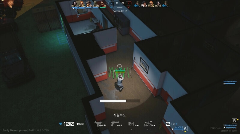 PUBG: Top-down view of player setting up barricades in a dark indoor hallway during a 5v5 match.