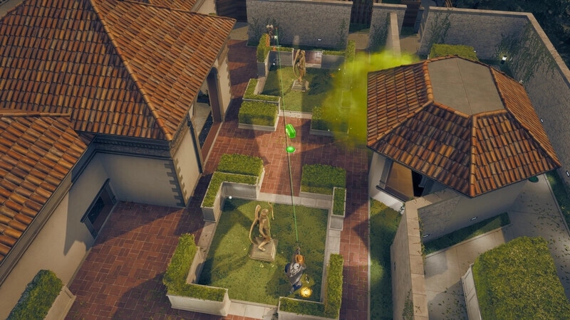 PUBG: Player in courtyard with statues, engaging enemy as green smoke fills area