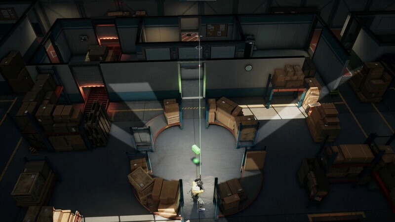PUBG: Player in warehouse with crates, using zipline for quick movement, strategic team coordination