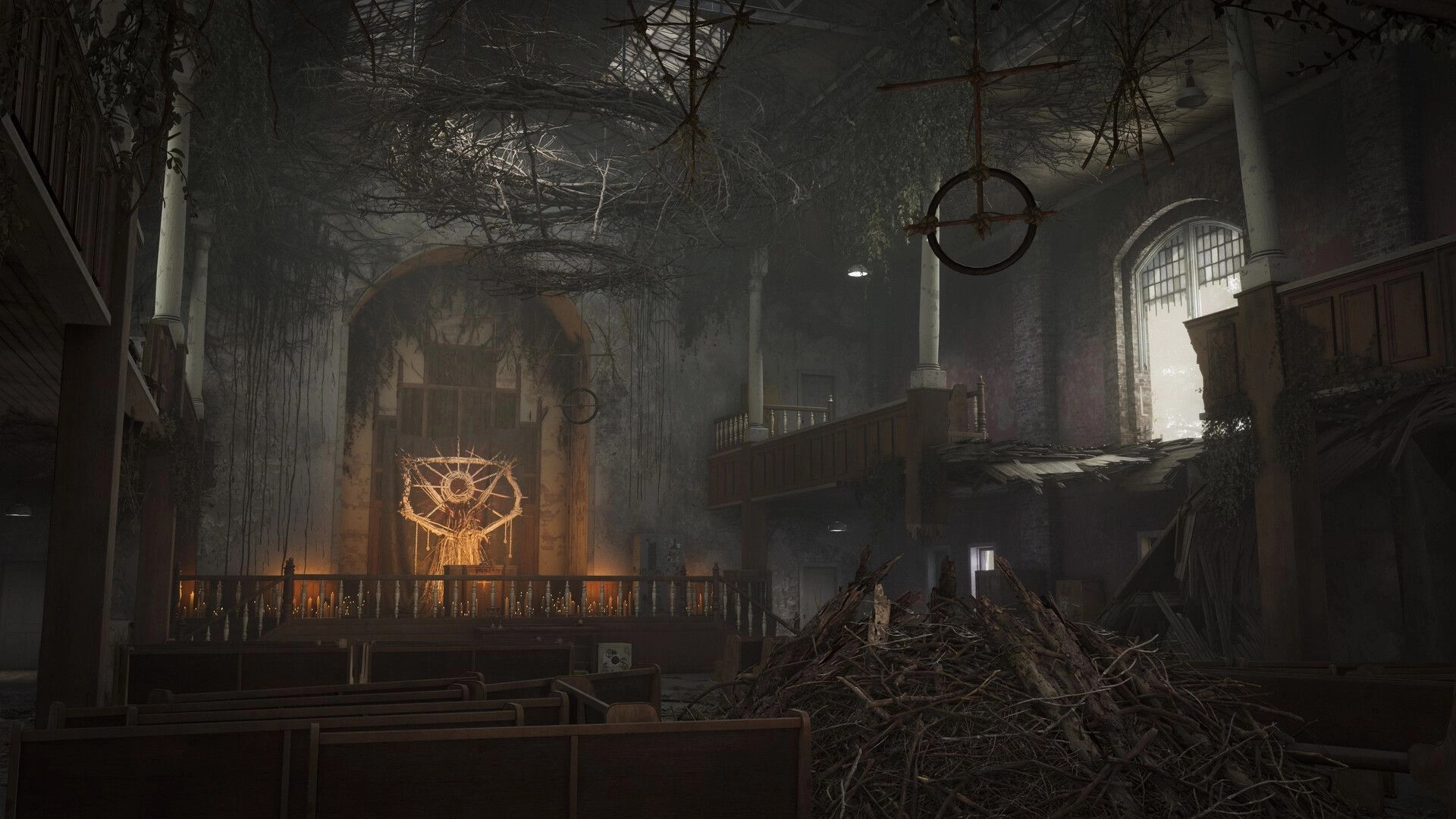 PUBG: Exploring an abandoned church with hanging vines, candlelit altar, and broken balcony interior.