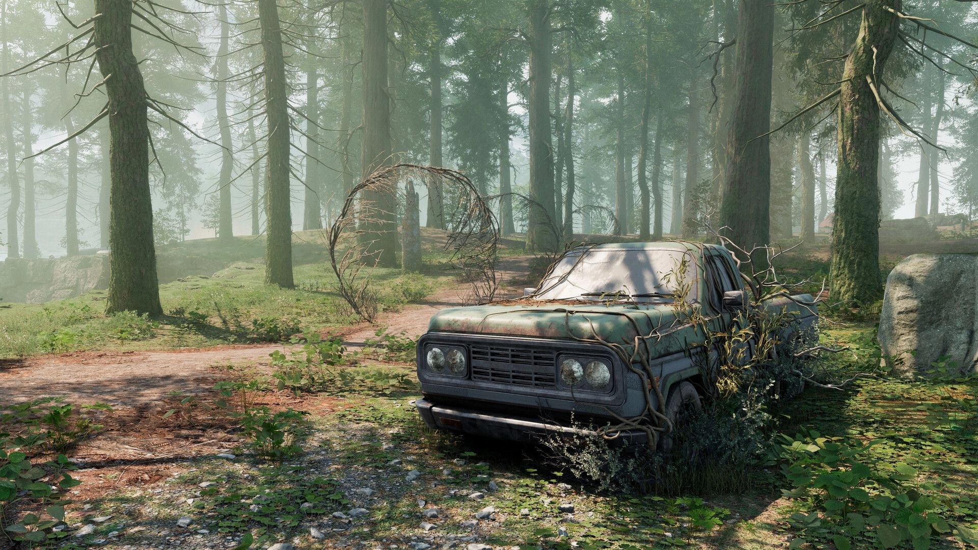 PUBG: Abandoned vine-covered sedan beside dirt road in misty pine forest with no HUD visible.