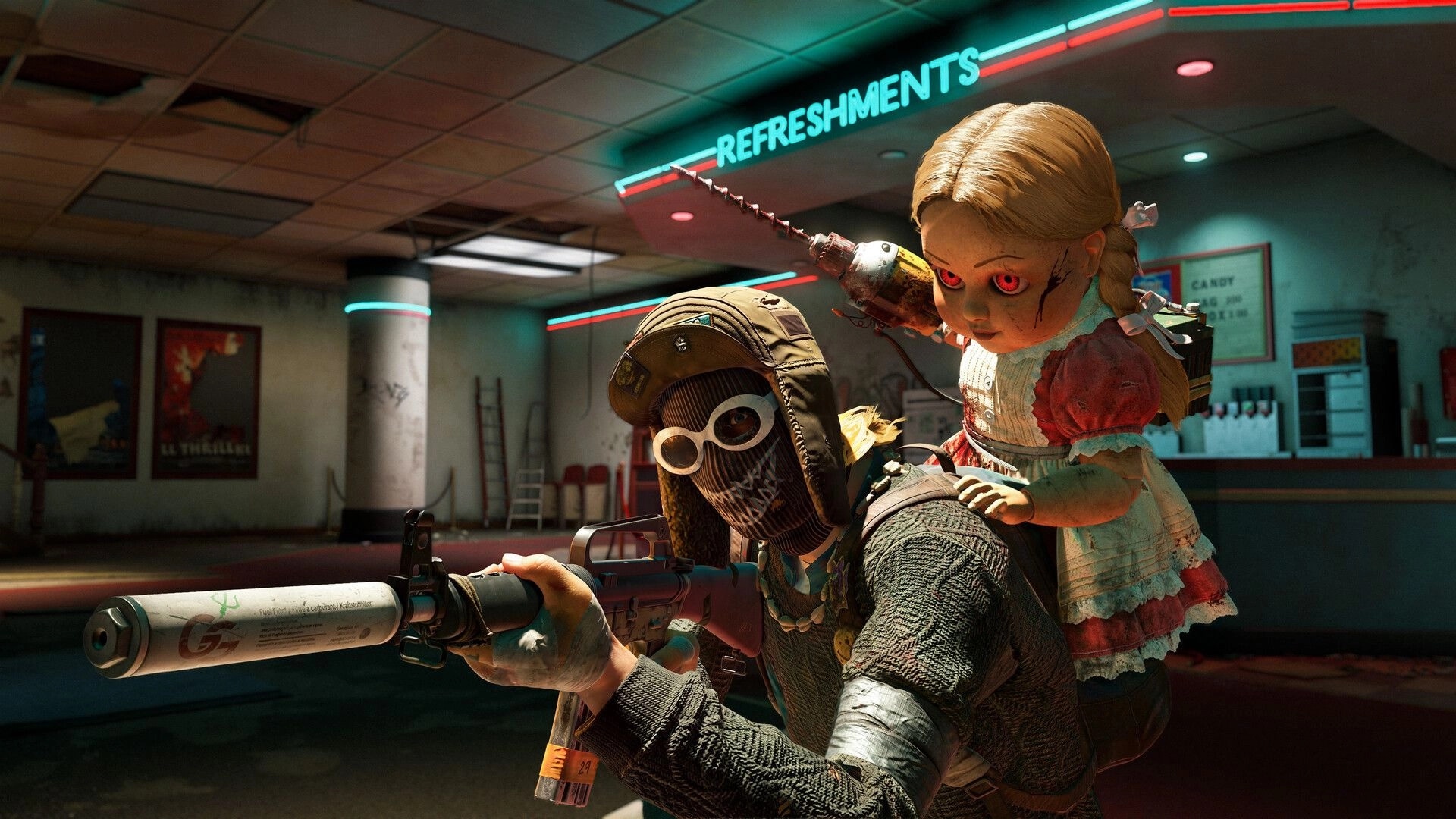 PUBG: Masked fighter aims suppressed rifle as eerie doll clings on back in neon diner lobby.