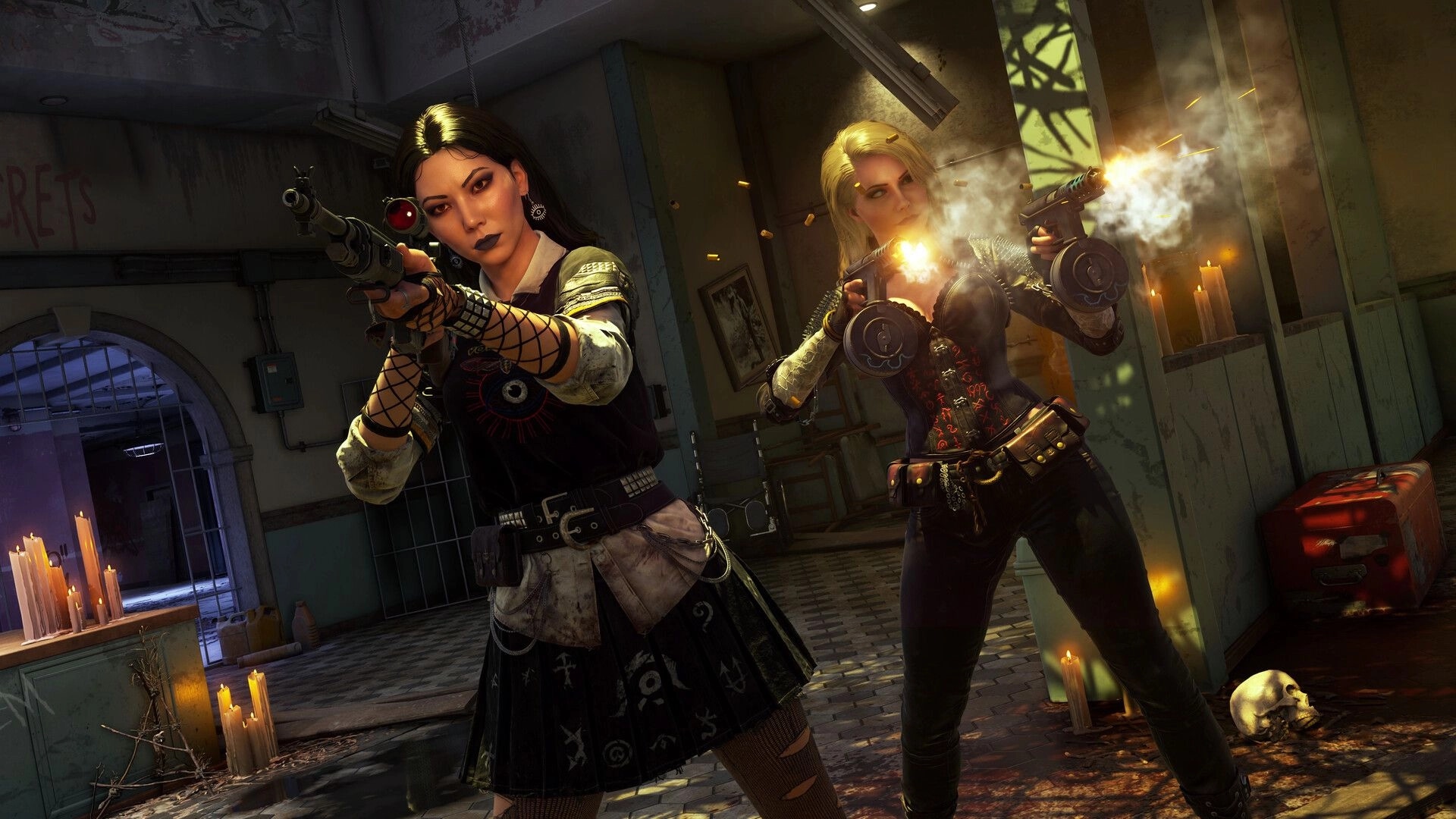 PUBG: Two female fighters fire a scoped rifle and dual SMGs in a candlelit, ruined hallway interior.
