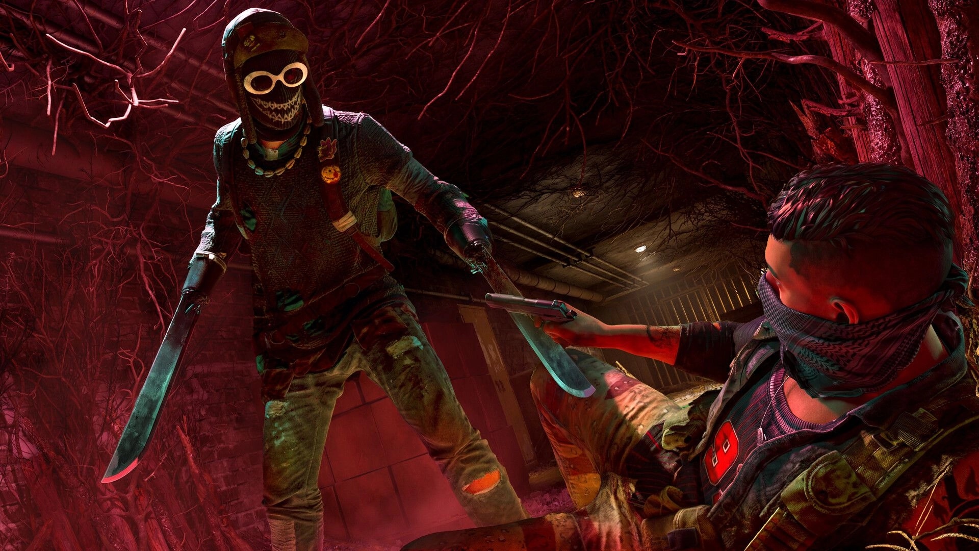 PUBG: Two masked fighters clash with machetes in a red-lit tunnel choked with creeping roots.