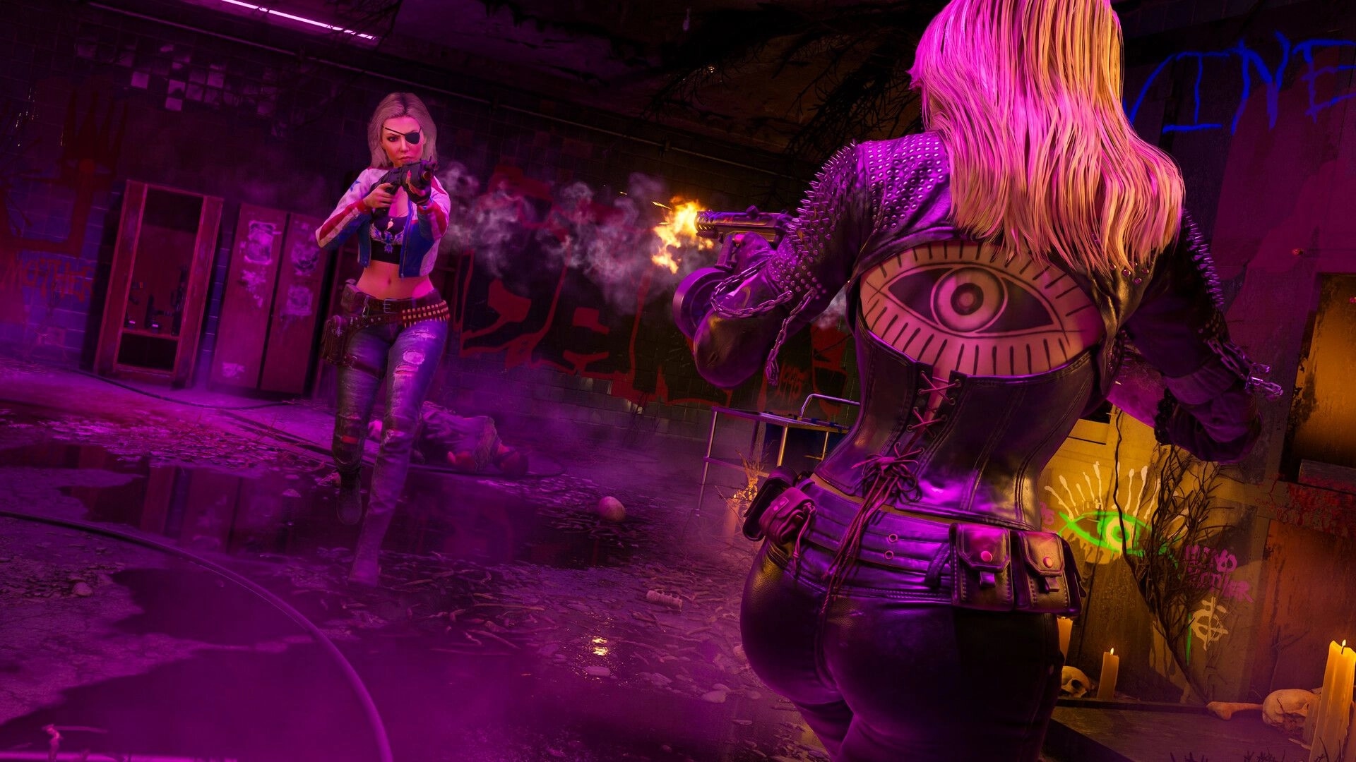 PUBG: Two armed women in a close-range shootout inside a neon-lit, graffiti-covered warehouse hall.