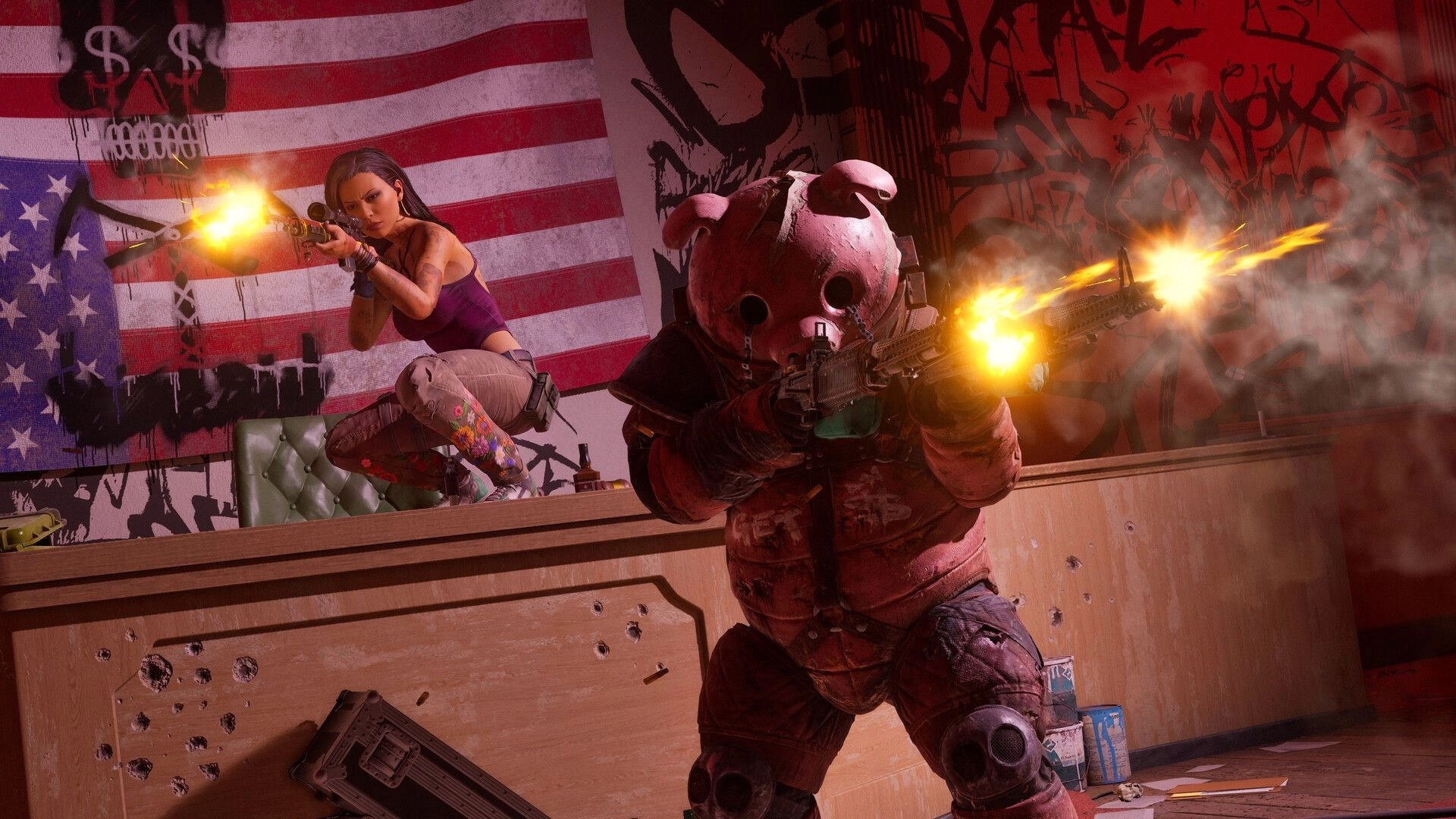 PUBG: Two fighters fire rifles from behind a bar, American flag mural and graffiti wall backdrop.