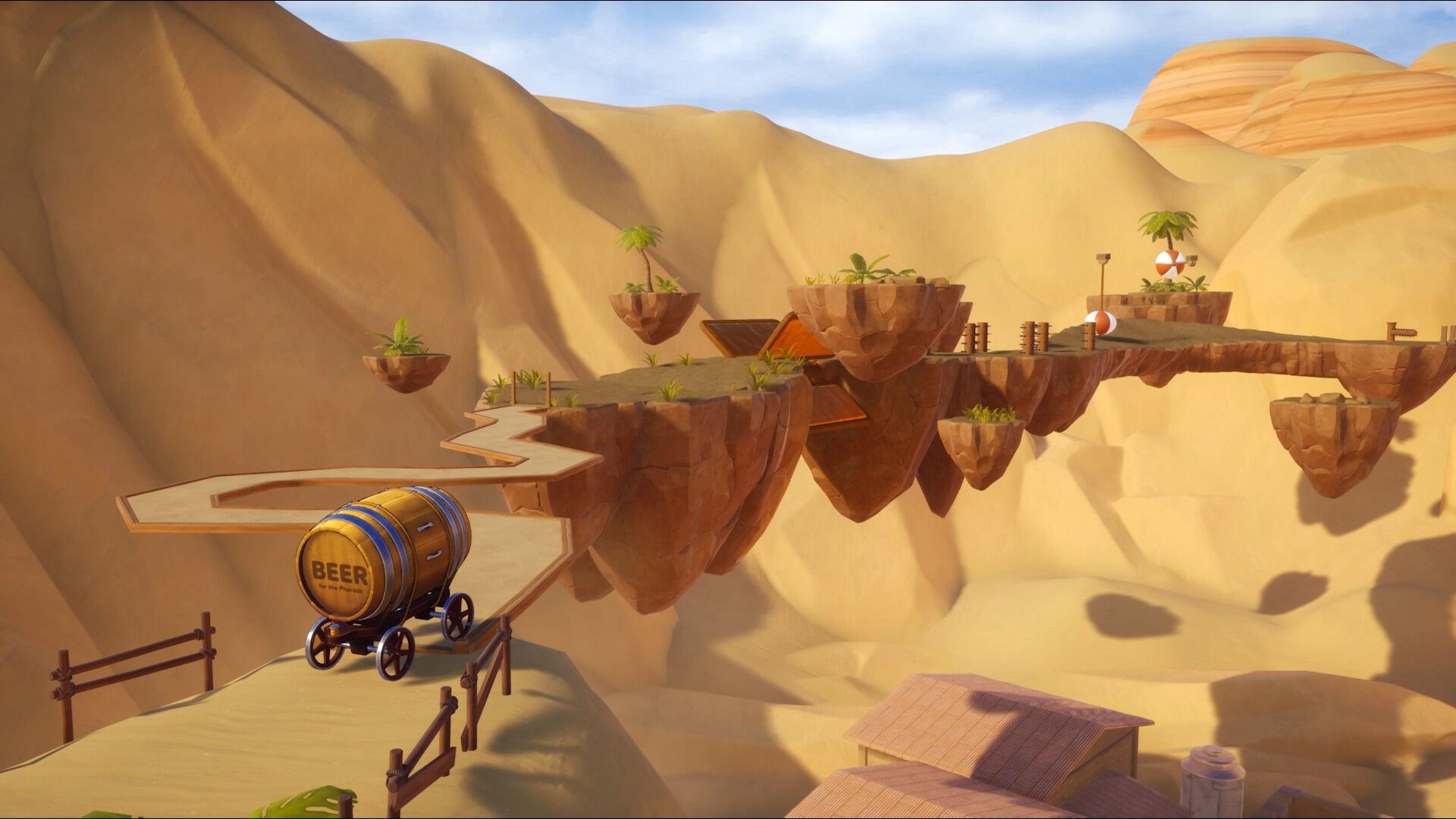 Pull the Beer: Beer barrel cart on a winding cliff path with floating rock platforms in desert canyon.