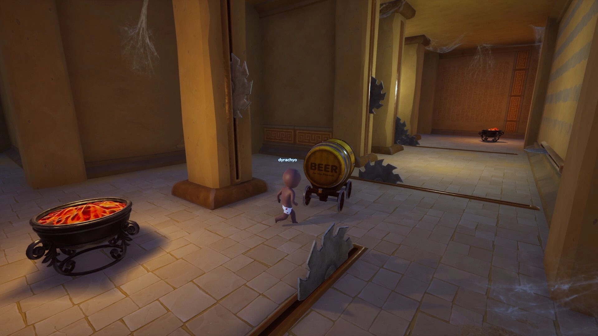 Pull the Beer: Player dyrachyo pushes a beer barrel cart past floor saw traps in a temple corridor.