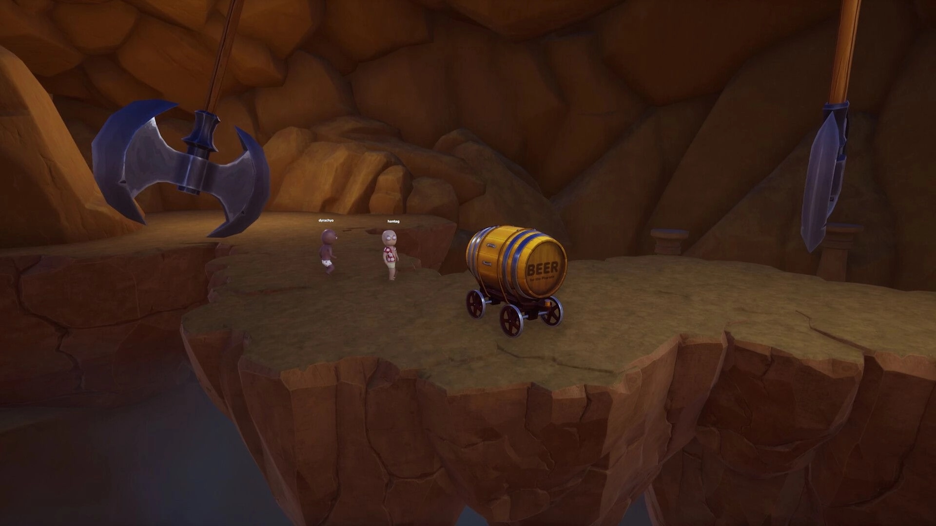 Pull the Beer: Two co-op avatars by a beer barrel cart on cliff ledge between swinging axes in cave.