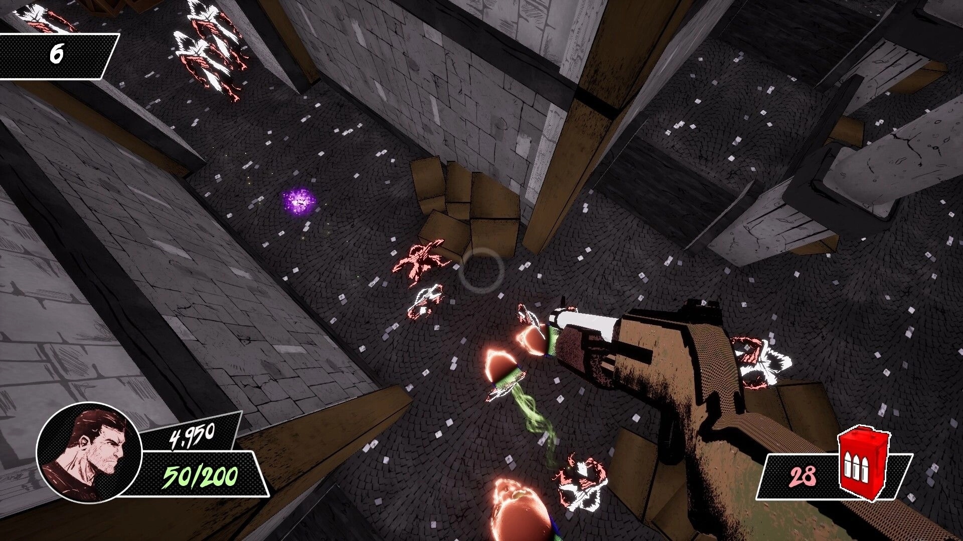 Pulp Action Shotgun: Player shooting at demons from above in a narrow alley with health and ammo UI