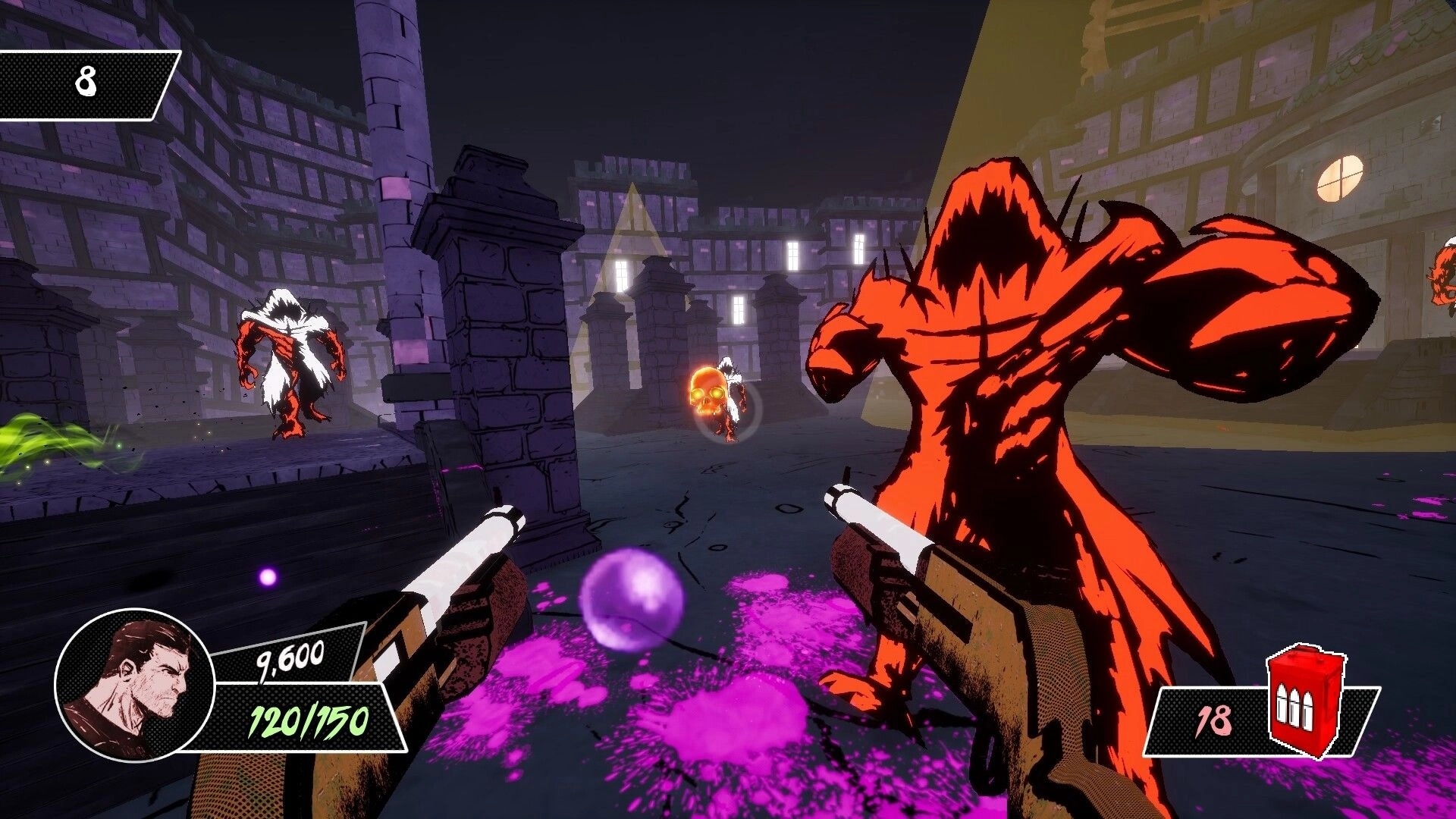 Pulp Action Shotgun: First-person combat with demons in a dark, urban environment with UI elements visible.