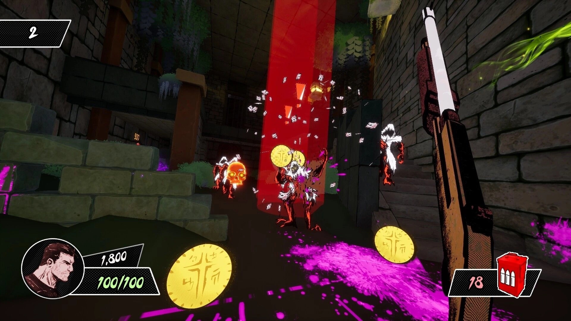 Pulp Action Shotgun: Player blasting demons with shotgun in dungeon, coins and health UI visible.