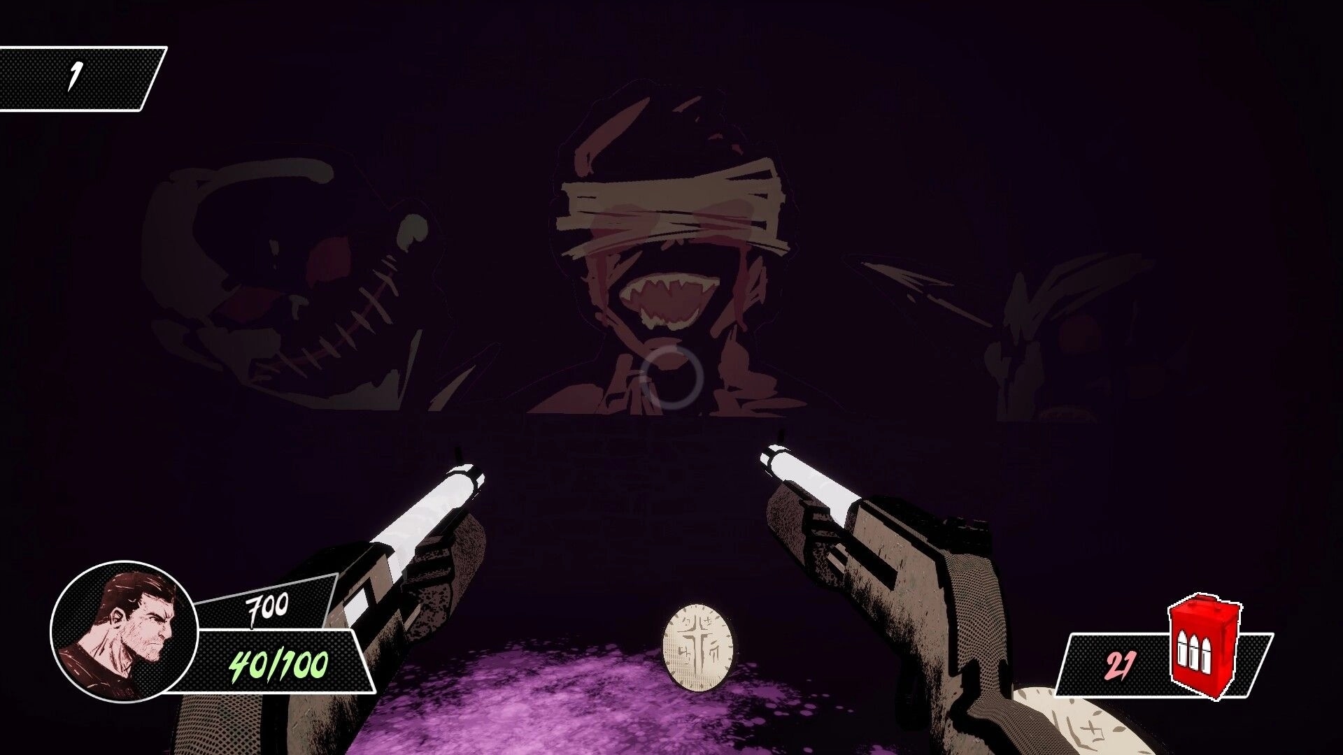 Pulp Action Shotgun: Dual-wielding shotguns aim at eerie demon mural in dark room, UI displays health.