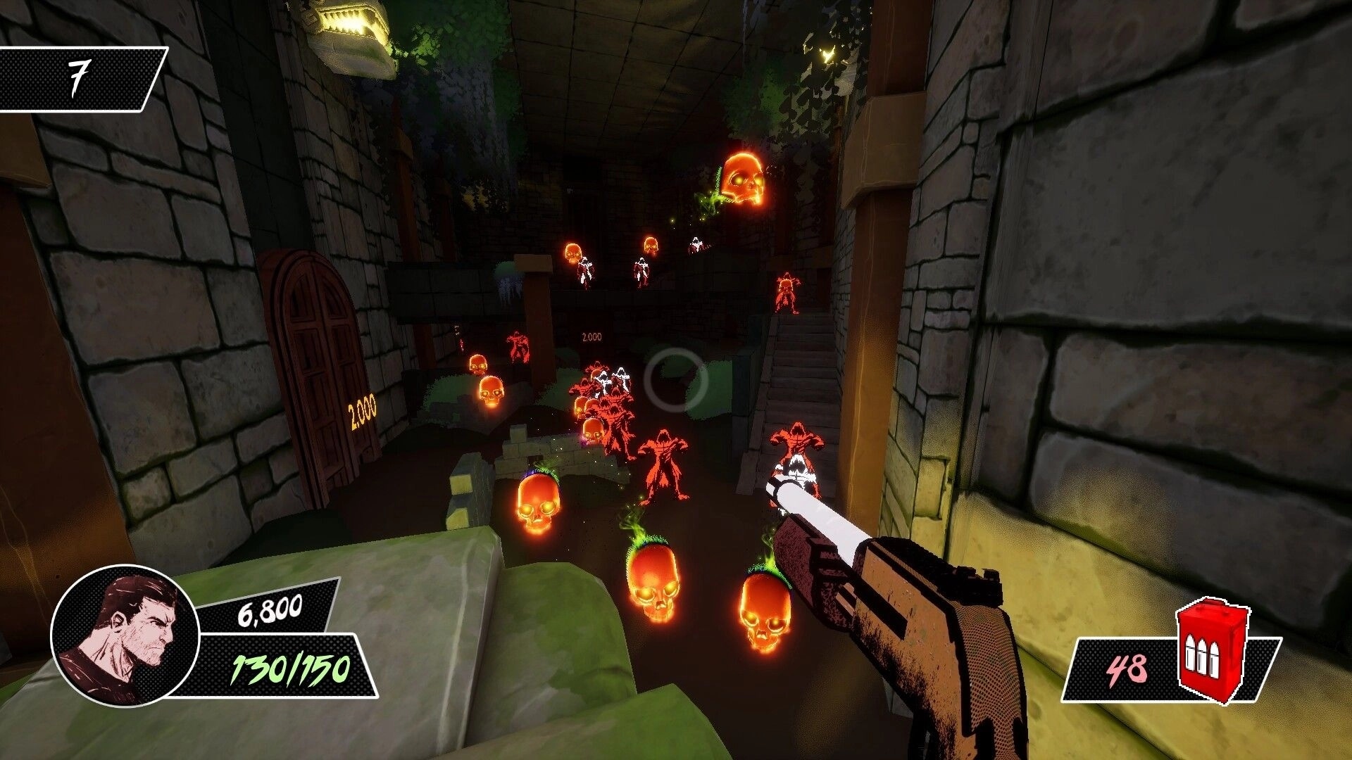 Pulp Action Shotgun: First-person battle against glowing skulls in a dark stone chamber with stairs.
