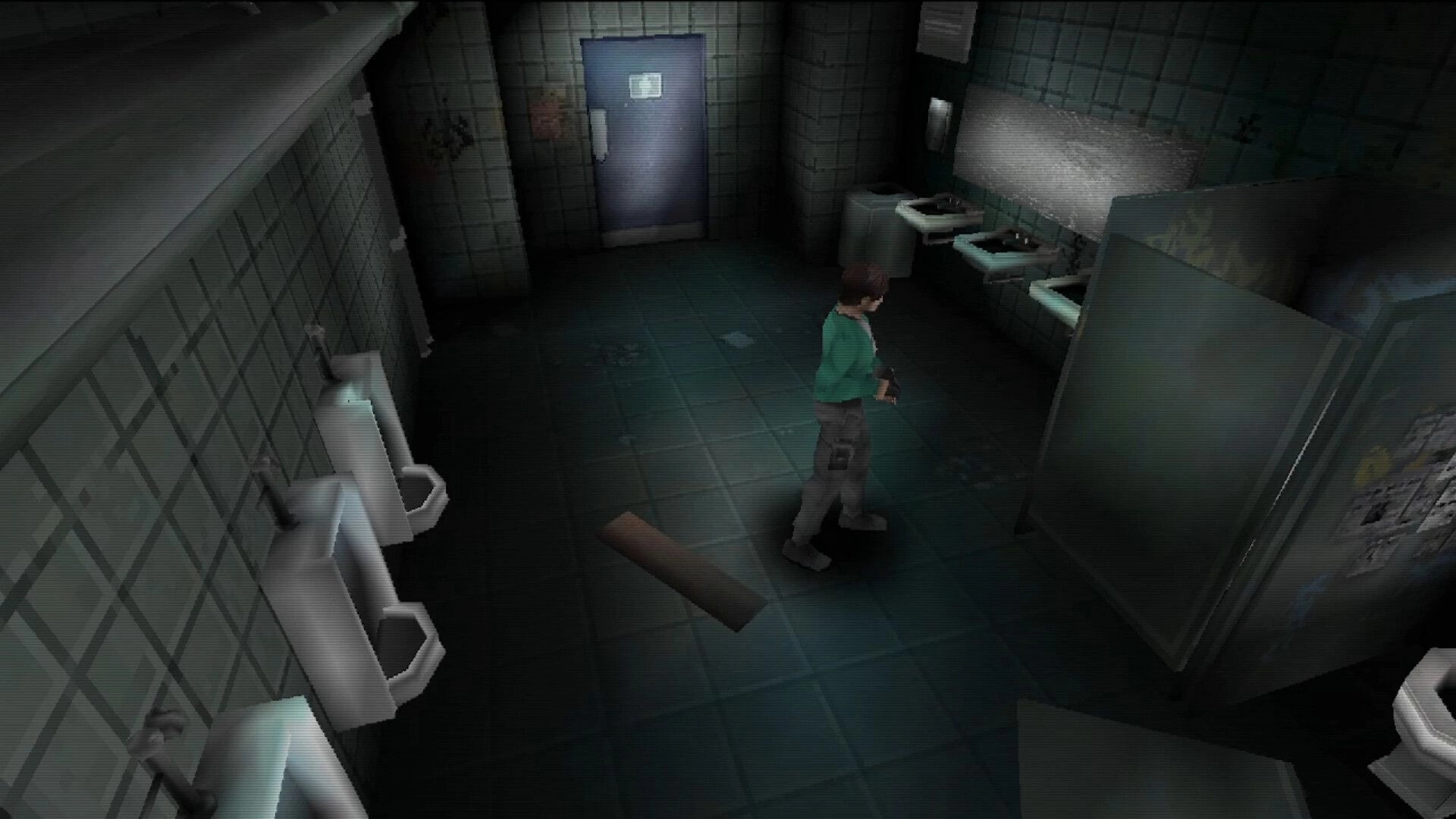 Pulsebreaker: Player character explores a grimy restroom with urinals, sinks, and a blue exit door.
