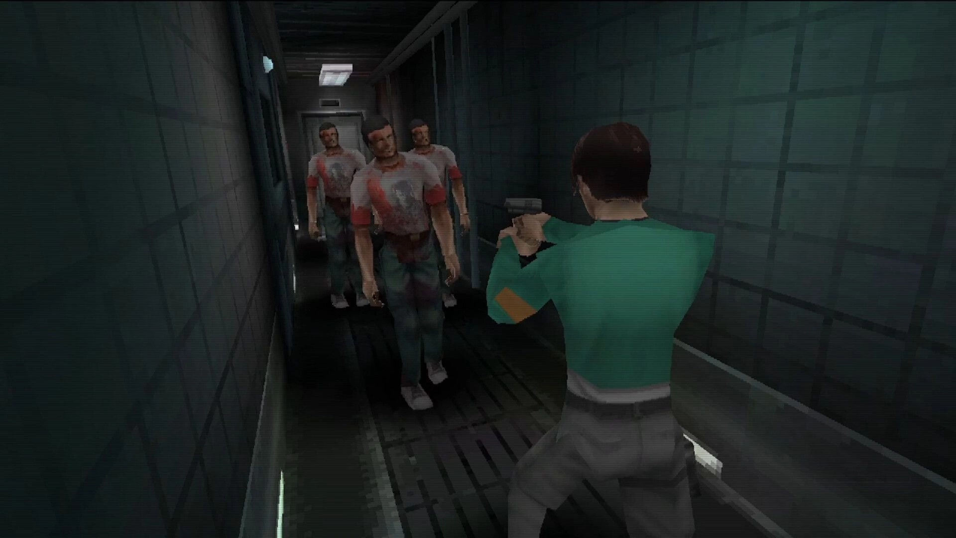 Pulsebreaker: Player aims handgun at three zombies approaching in a narrow, dim tiled corridor hallway.