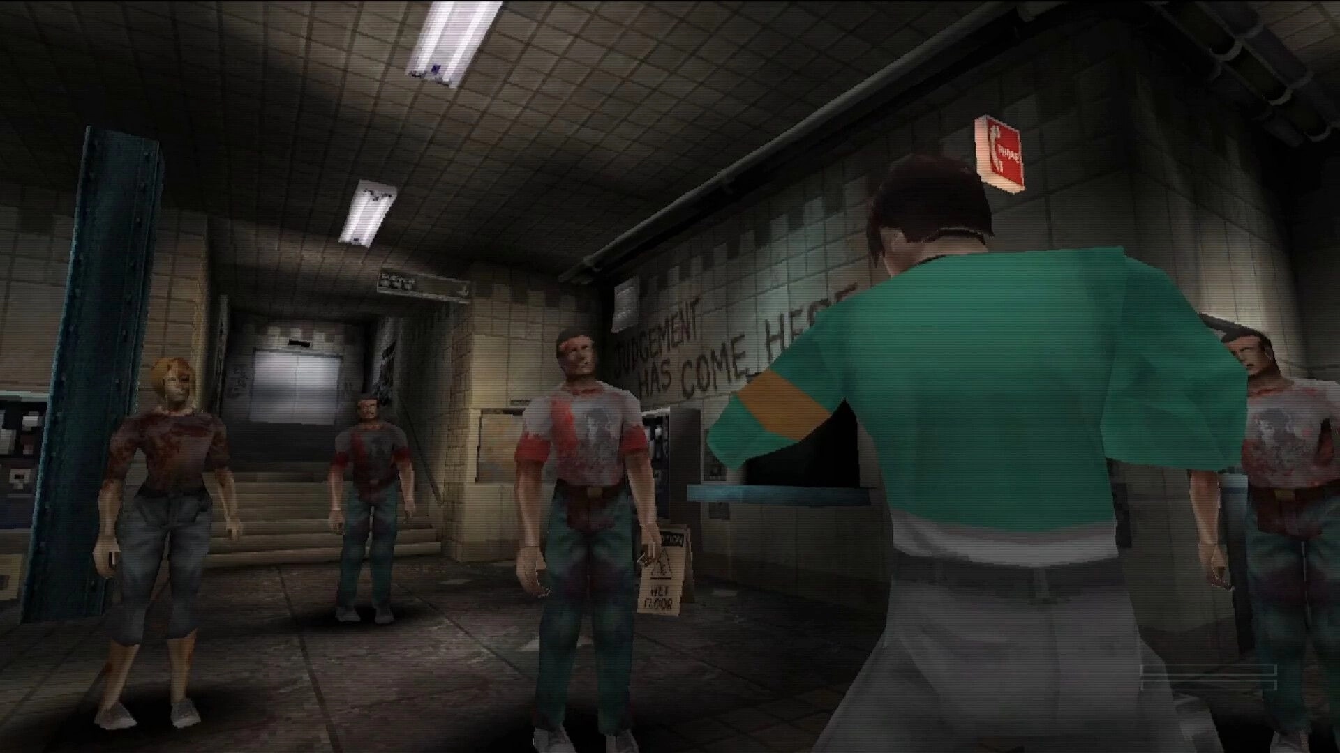 Pulsebreaker: Third-person view of survivor facing three zombies in a grimy subway corridor near stairs.