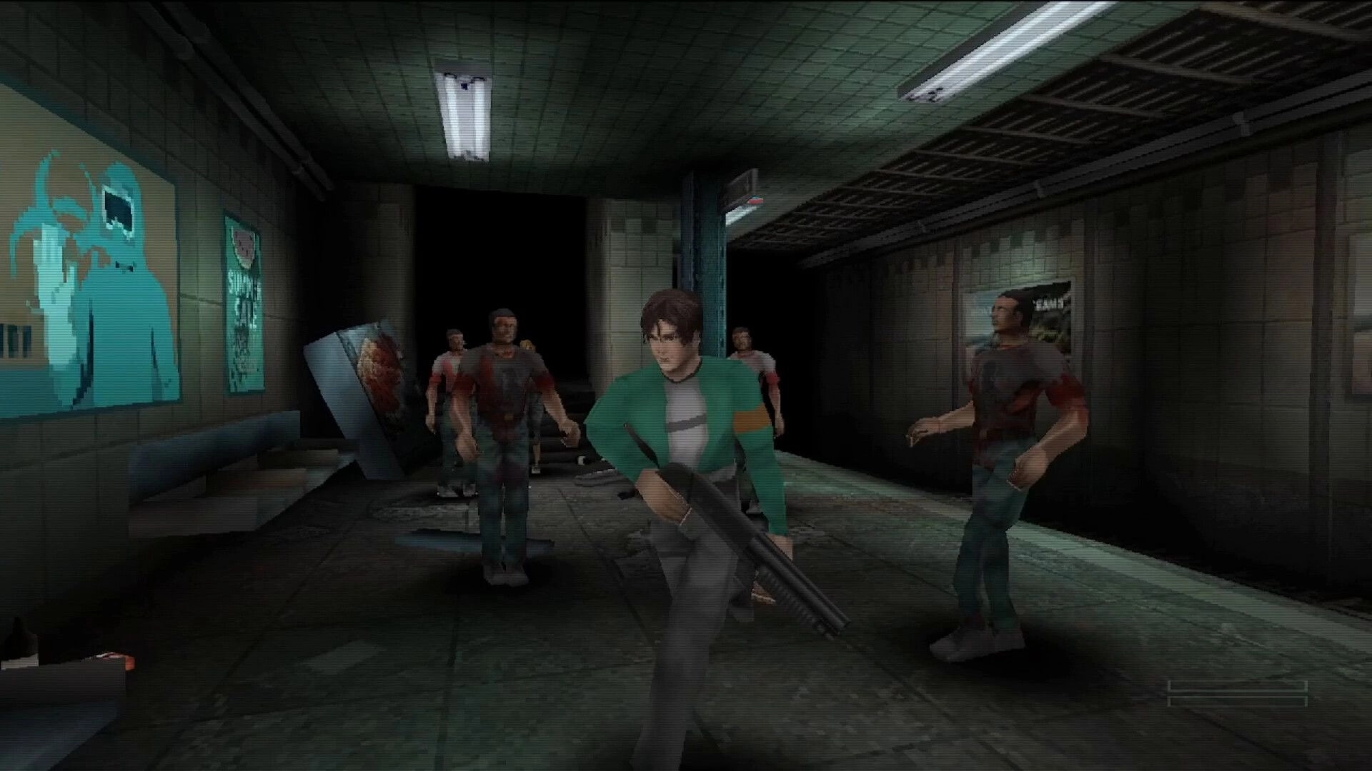 Pulsebreaker: Shotgun-wielding survivor flees approaching zombies in a grimy subway corridor under flickering lights.