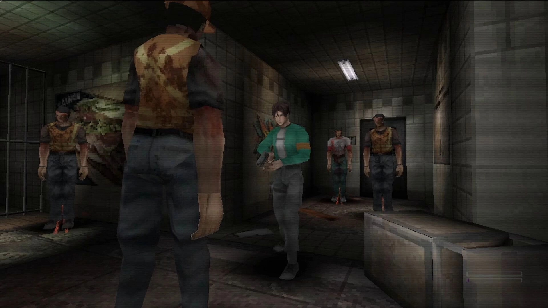 Pulsebreaker: Armed survivor faces three bloodstained zombies in a grimy tiled hallway under flickering light.