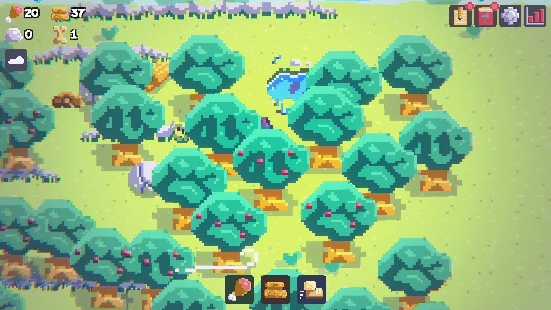 Punch Rock: White dog explores a tree-filled clearing with pond, resource counters, and action icons UI.