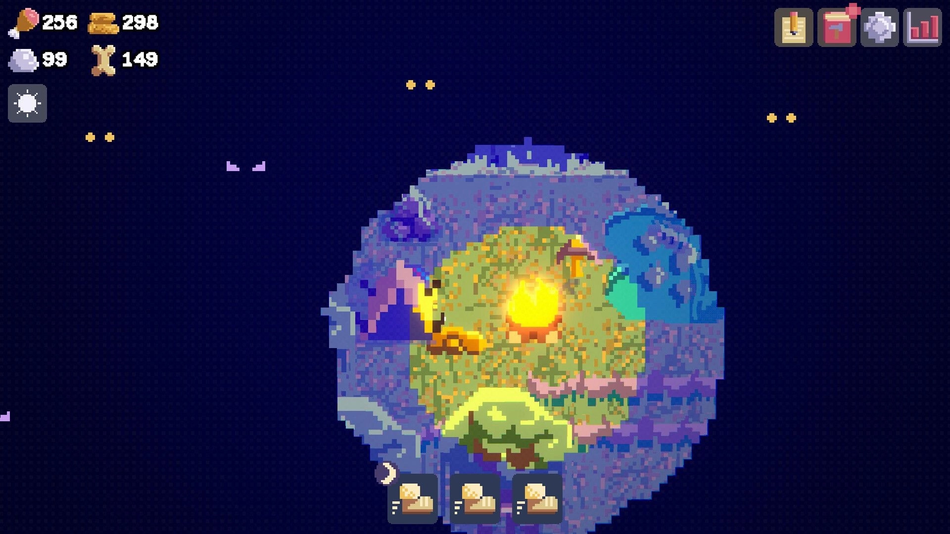 Punch Rock: Campfire on a tiny mountaintop map with resource counters and menu icons under starry sky.