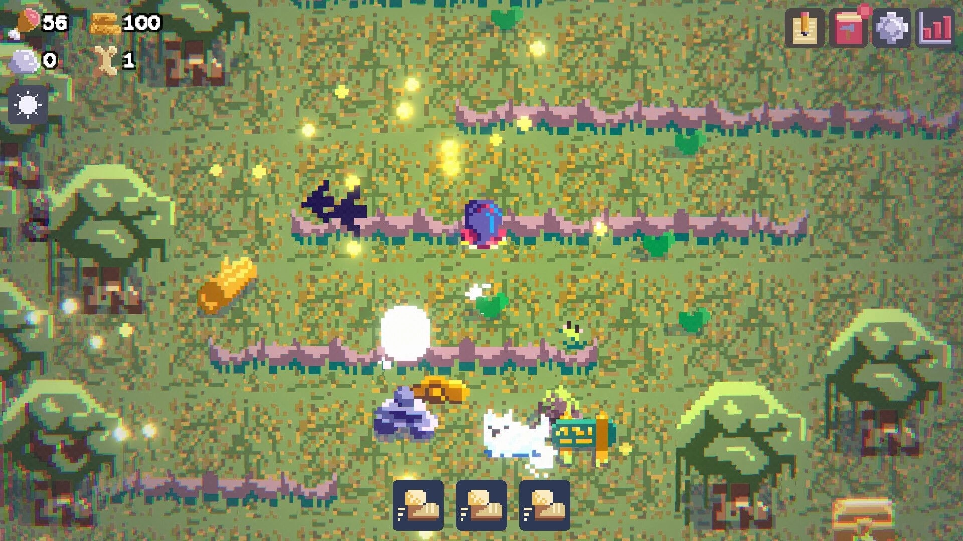 Punch Rock: Player and white dog gather loot by stone walls in pixel forest with resource HUD icons.