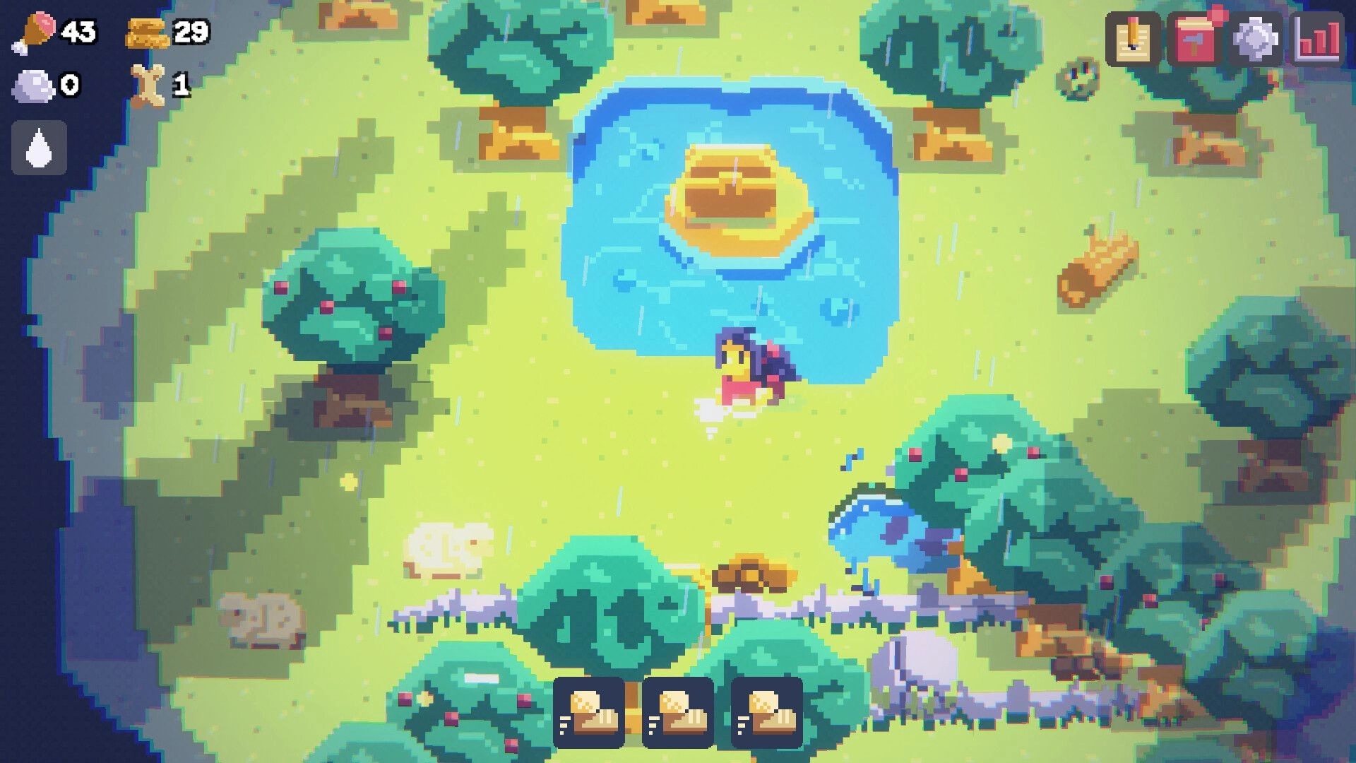 Punch Rock: Pixel climber by a pond with chest, rainy forest clearing, resource counters and hotbar.