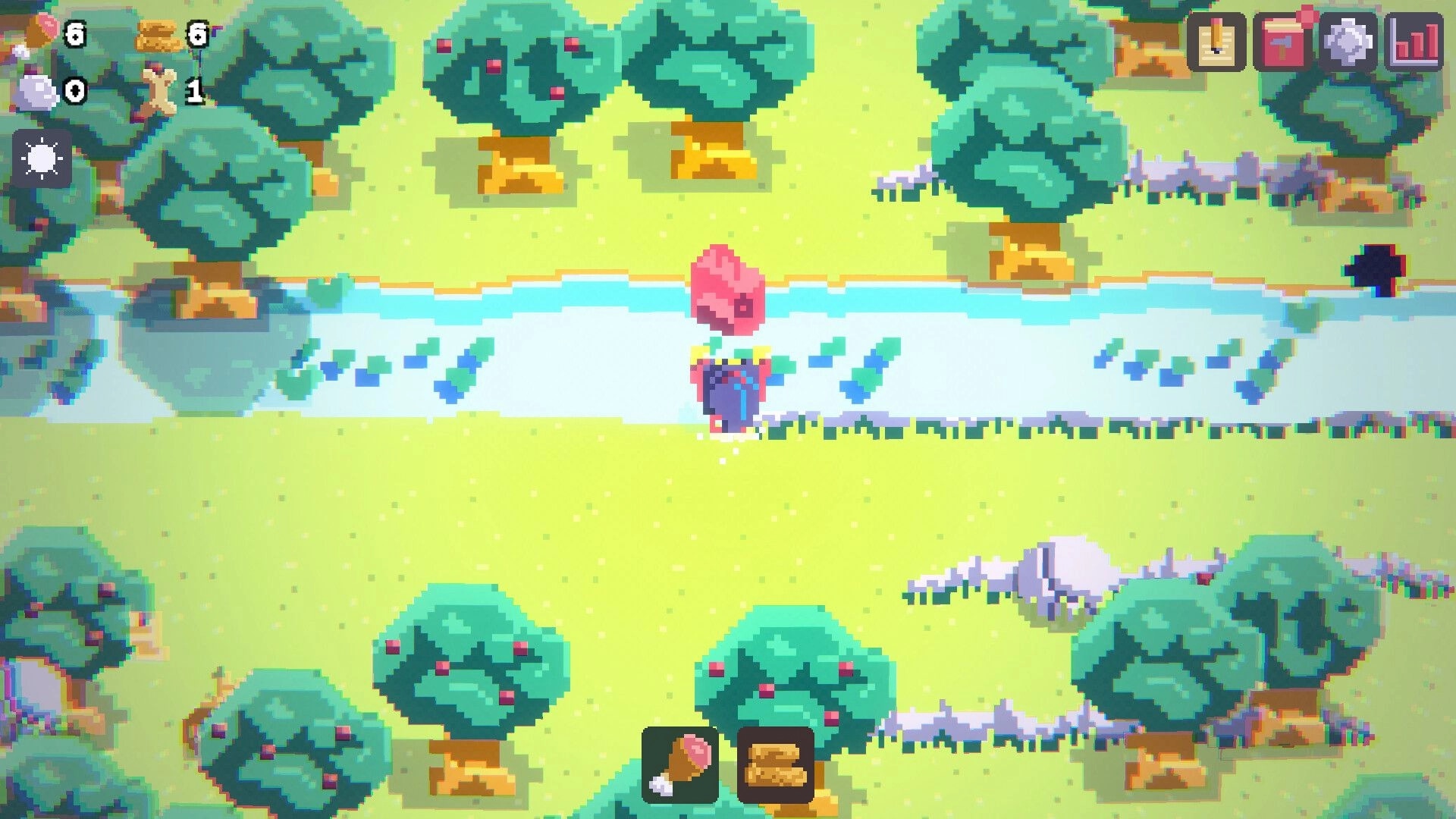 Punch Rock: Pixel climber by a river with a red marker overhead, berry trees and UI icons in forest.