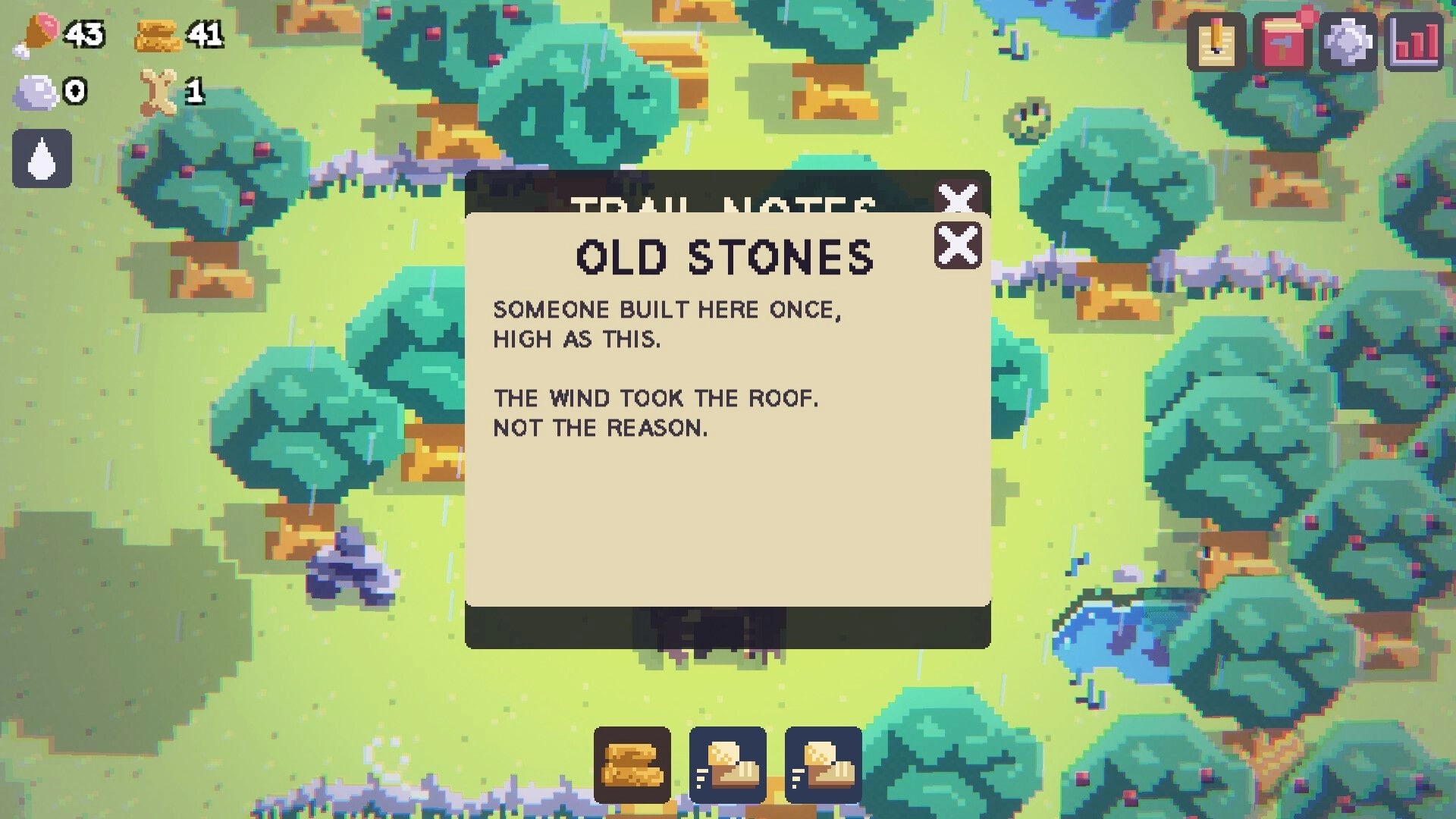 Punch Rock: Trail Notes pop-up titled Old Stones over rainy forest path with resource counters and icons.
