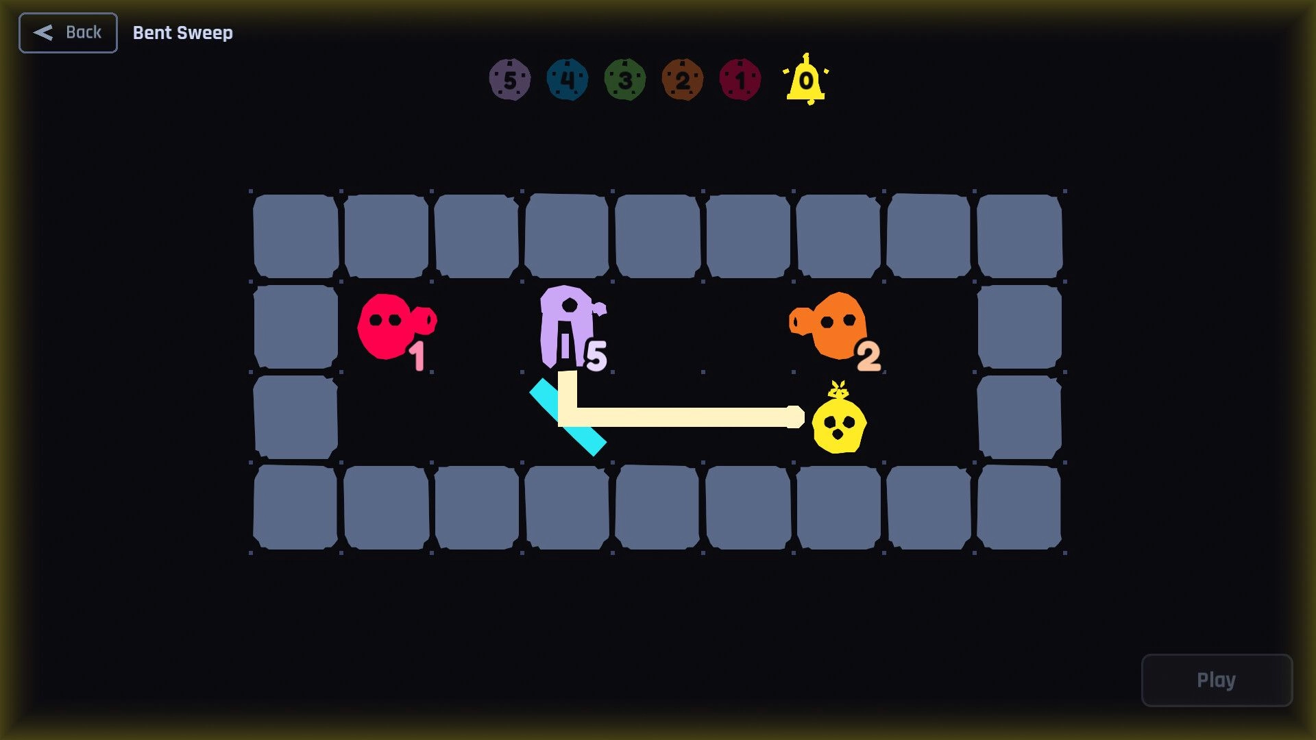 Punctual Monsters: Bent Sweep puzzle grid with numbered monsters and a long L-shaped sweep arrow path.
