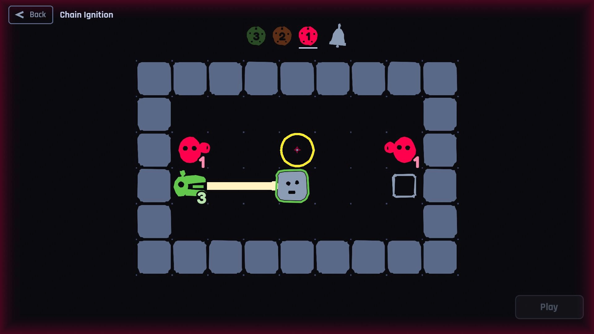 Punctual Monsters: Chain Ignition puzzle grid with numbered monsters linking to a central block, Play button.