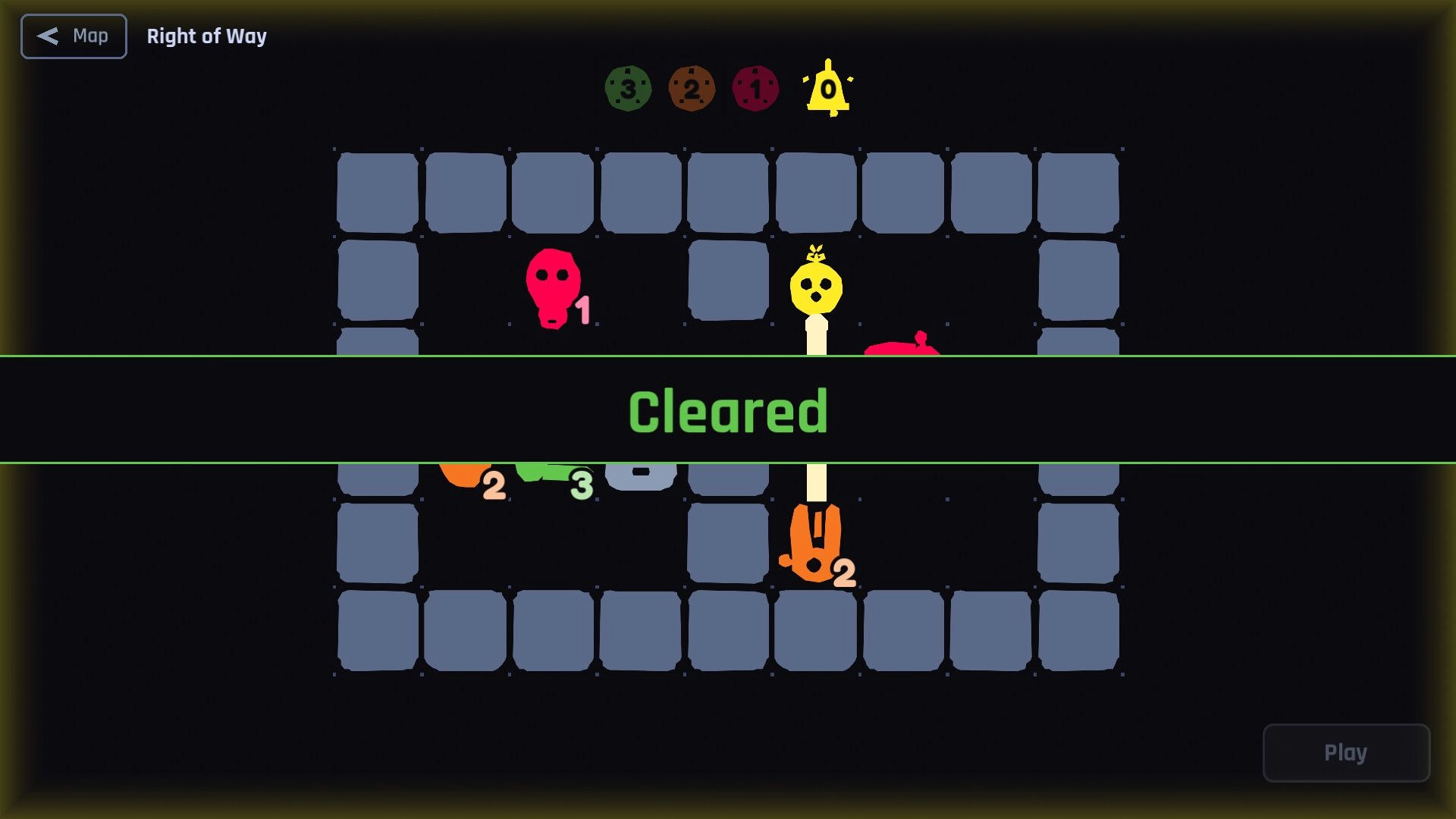 Punctual Monsters: Level cleared banner over grid maze with numbered monsters and alarm icon UI.