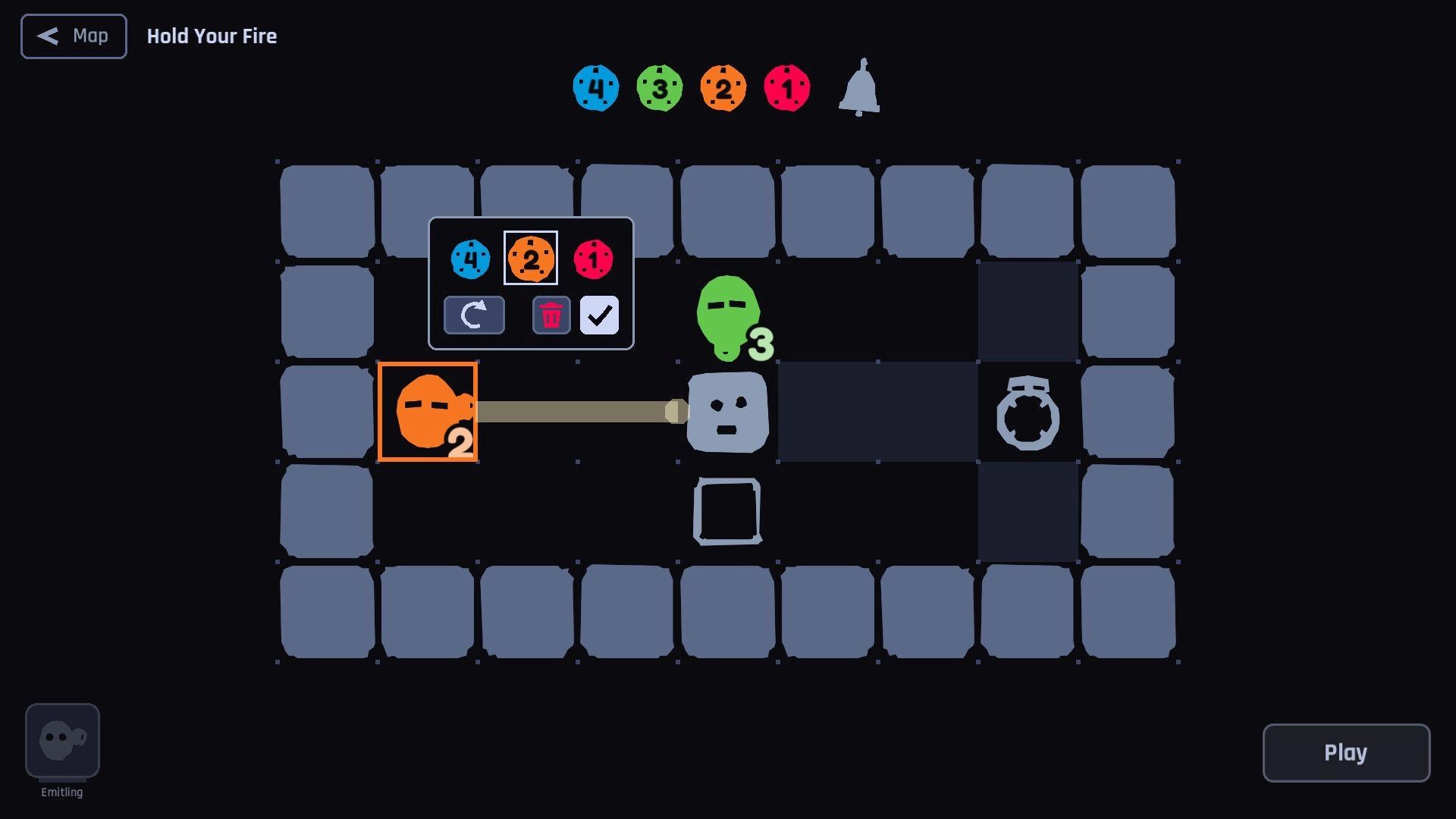 Punctual Monsters: Orange 2 monster aiming a beam at a block, grid puzzle room with Play button.