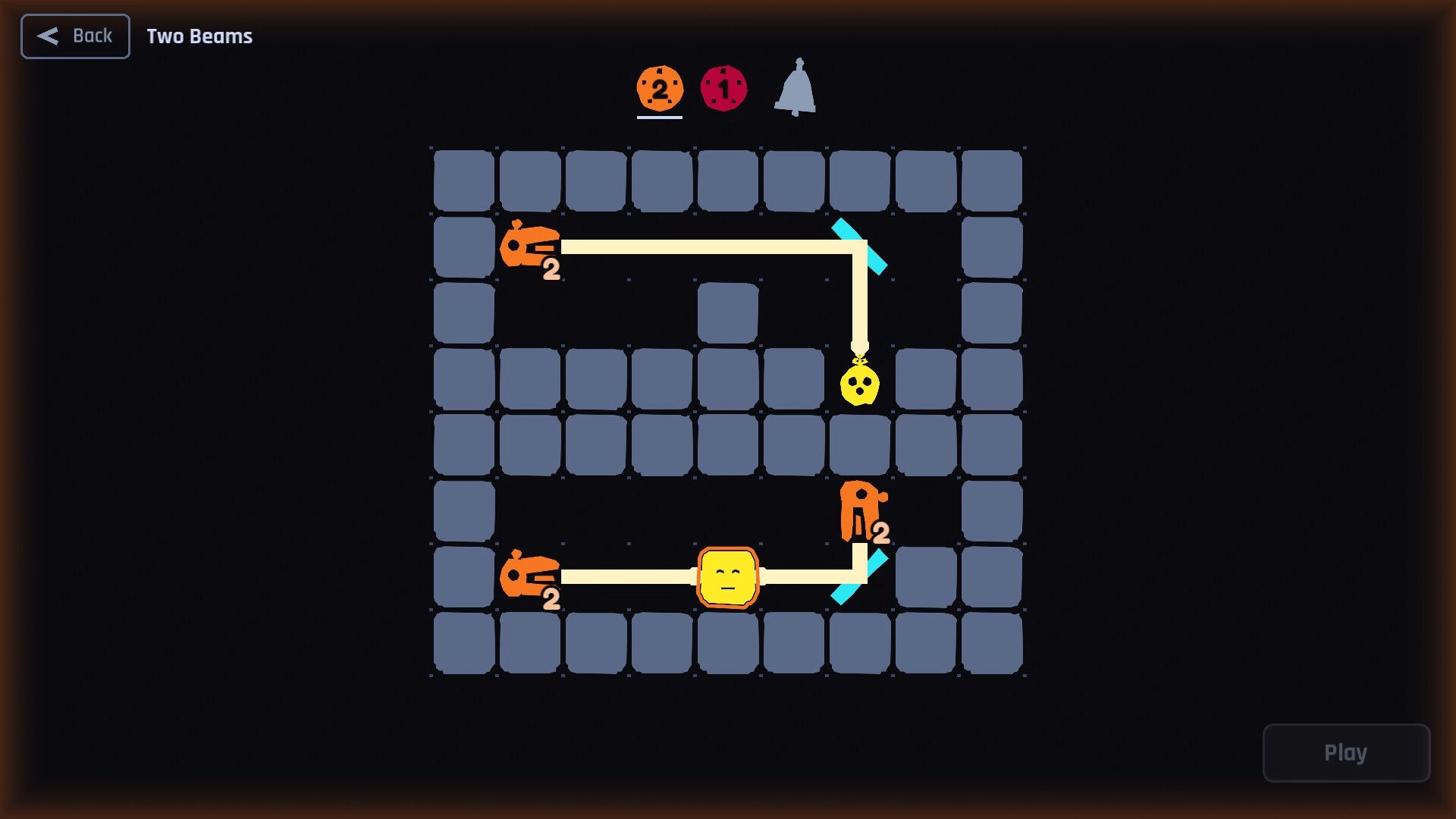 Punctual Monsters: Two Beams puzzle grid with numbered monsters, beams, and a bell target UI.