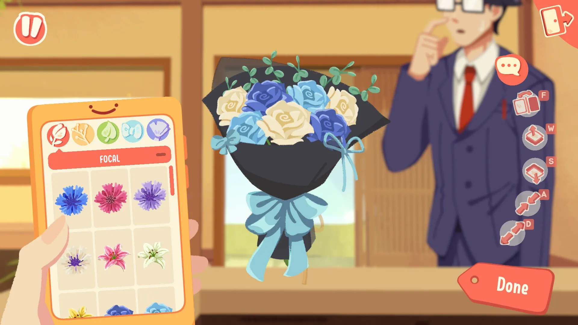 Puni the Florist: Designing a bouquet with blue and cream roses in the cozy flower shop interface.