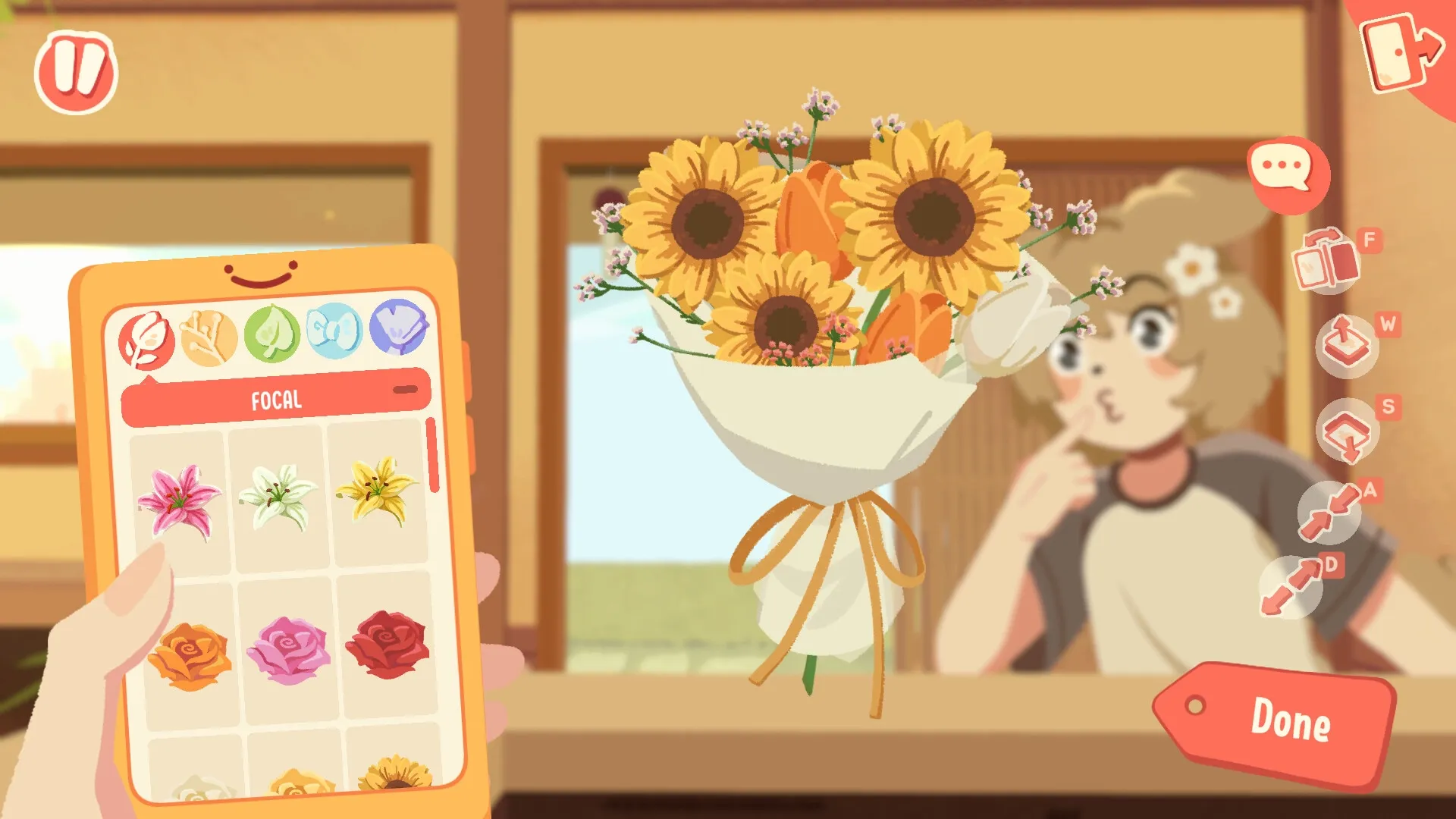 Puni the Florist: Bouquet design screen with sunflowers and UI elements in cozy flower shop setting