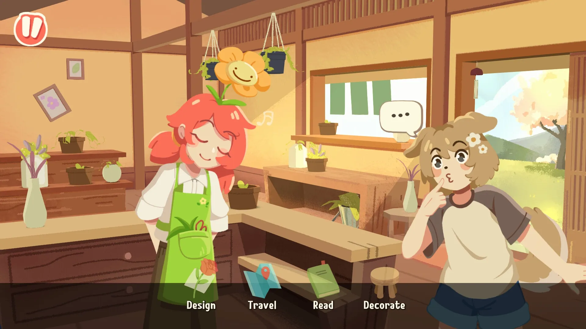 Puni the Florist: Puni chatting with a customer in a cozy flower shop with design menu options visible