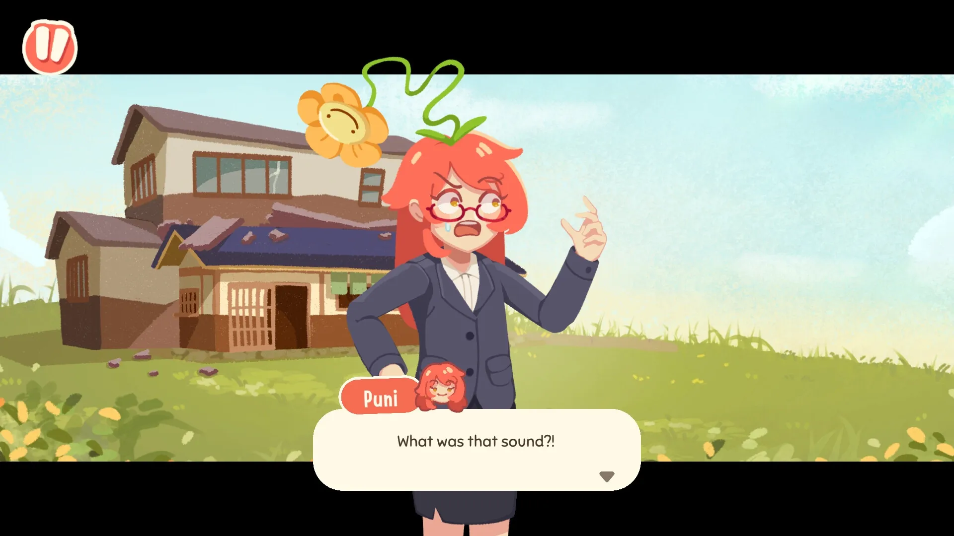 Puni the Florist: Puni looking surprised outside the flower shop with dialogue bubble, "What was that sound?!"